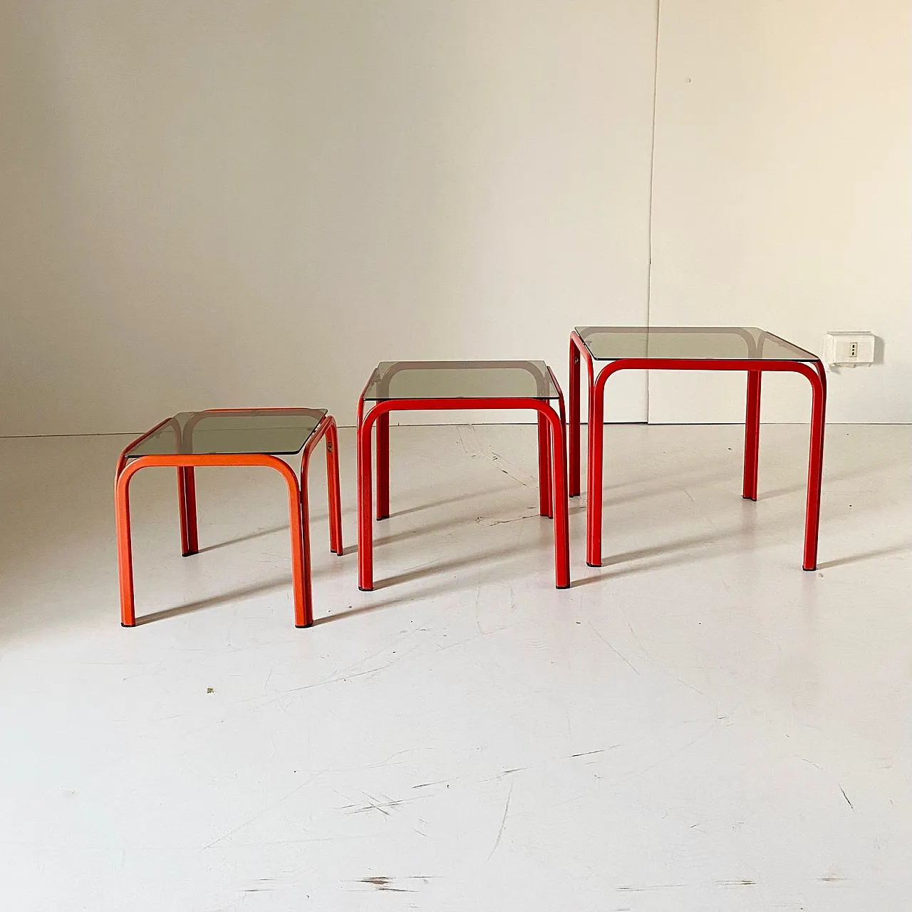 3 red coffee tables with smoked glass, 70s 3