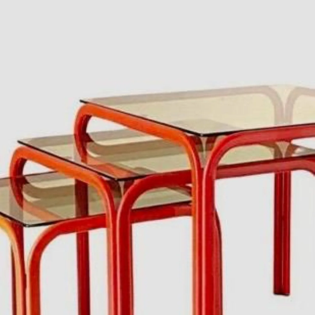 3 red coffee tables with smoked glass, 70s 5