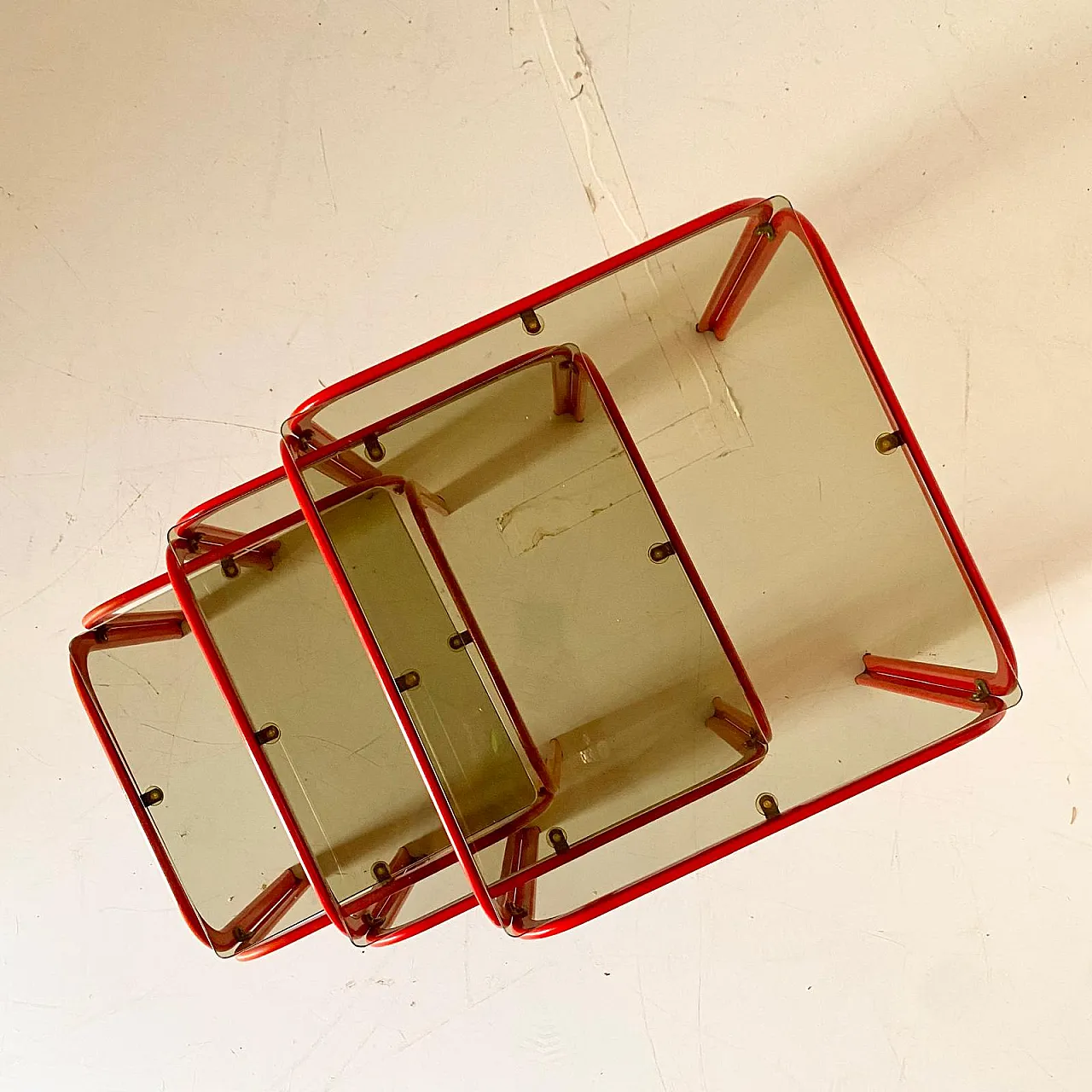 3 red coffee tables with smoked glass, 70s 6