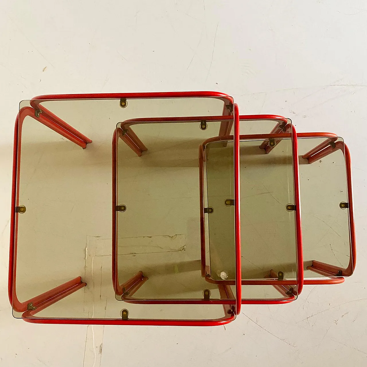 3 red coffee tables with smoked glass, 70s 7
