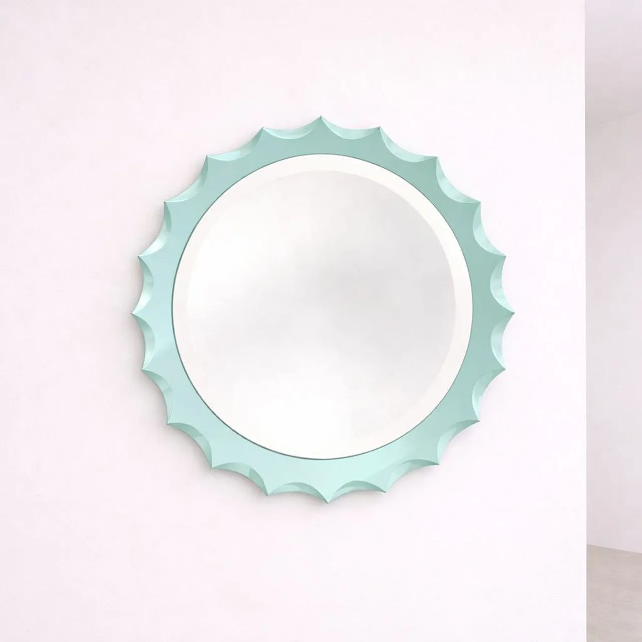 Specchio rotondo turchese a forma di sole stile Fontana Arte, anni '60 6