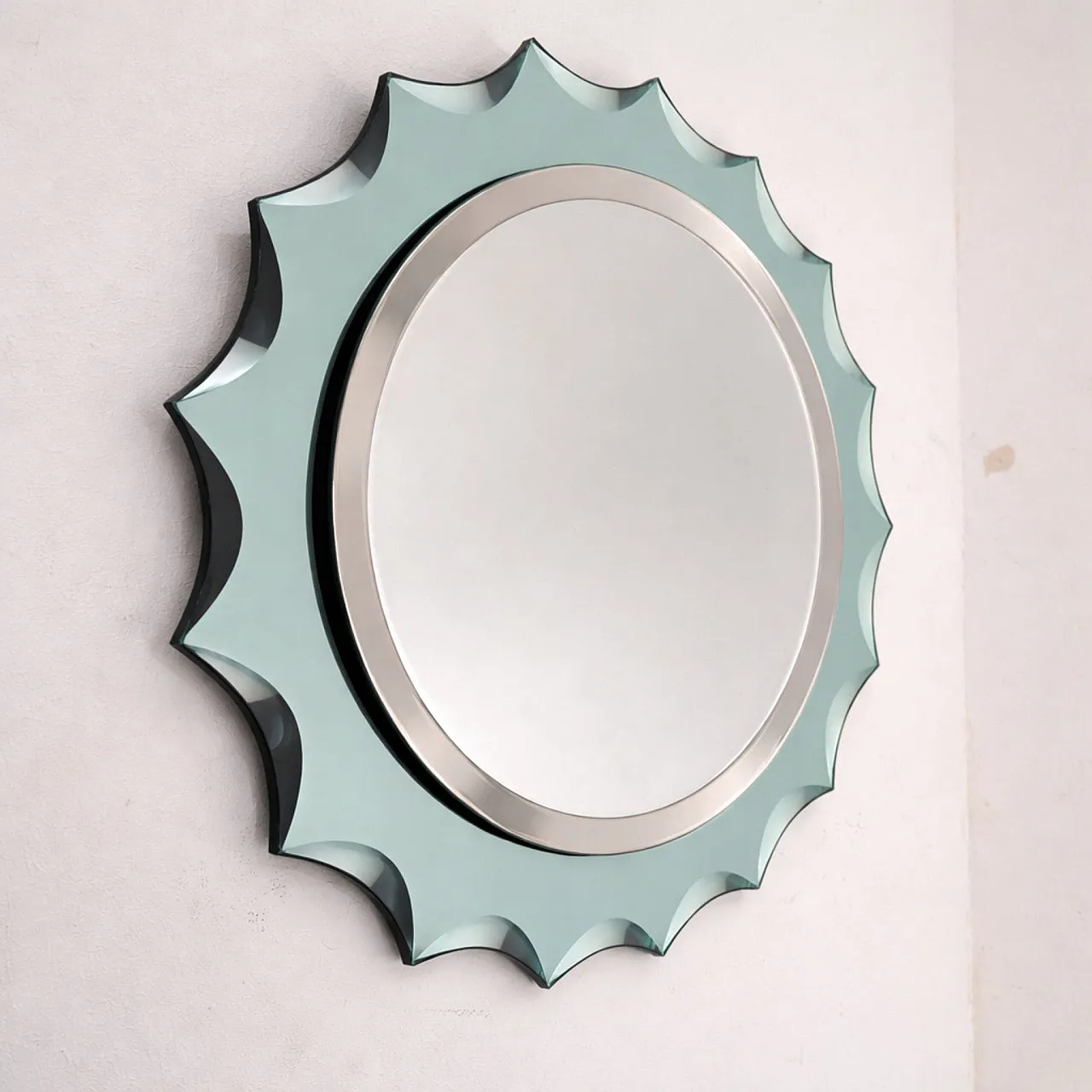 Specchio rotondo turchese a forma di sole stile Fontana Arte, anni '60 7