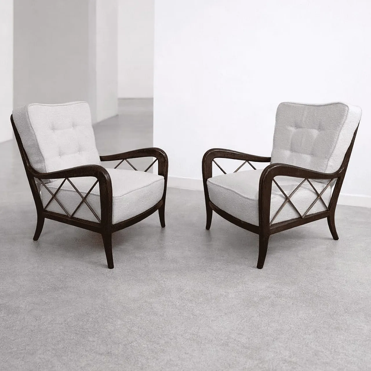 Pair of walnut and maple armchairs Paolo Buffa style, 1940s 2