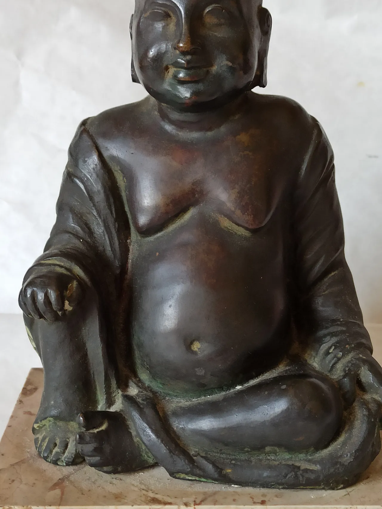 Scultura Buddha seduto in bronzo con base in marmo, '800 5
