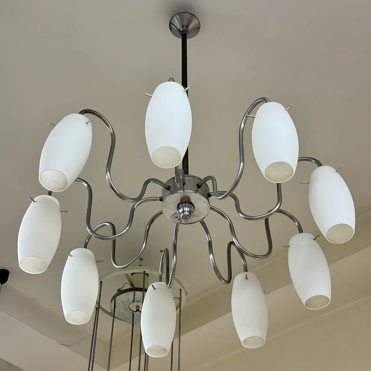 9-light metal and glass chandelier, 1970s 1