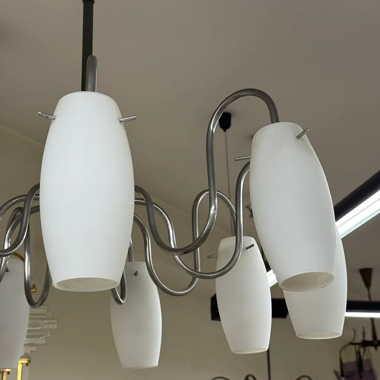 9-light metal and glass chandelier, 1970s 3