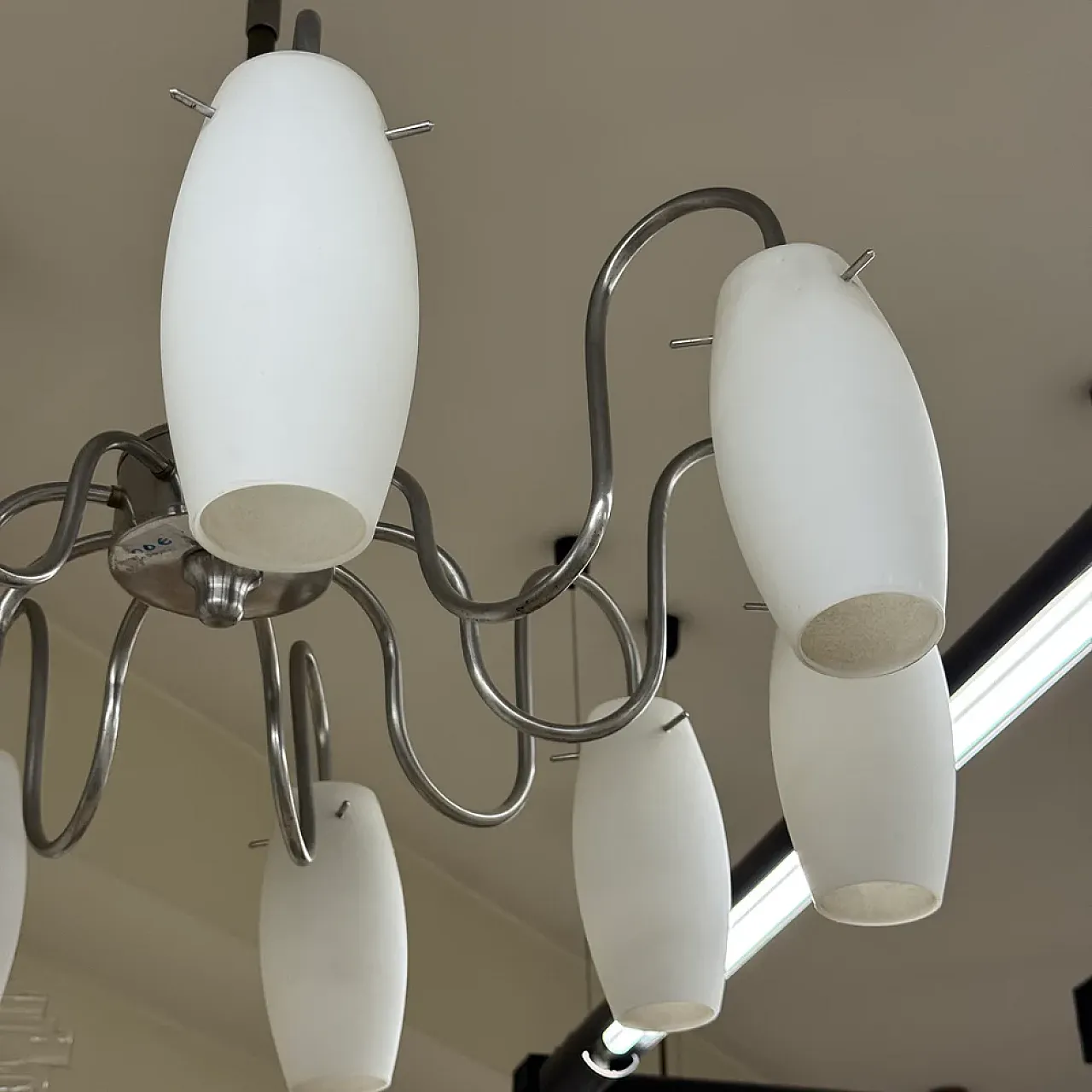 9-light metal and glass chandelier, 1970s 4