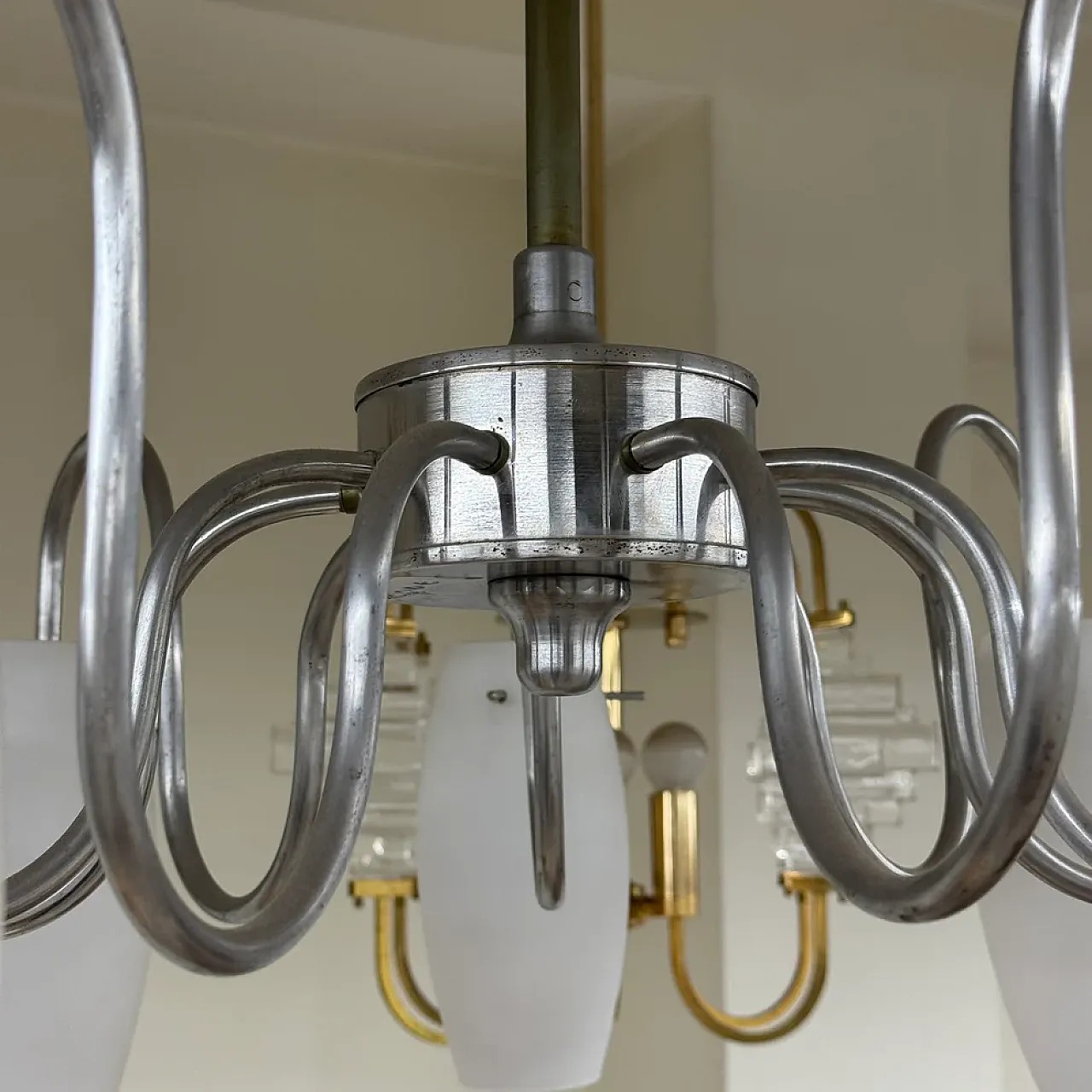 9-light metal and glass chandelier, 1970s 5
