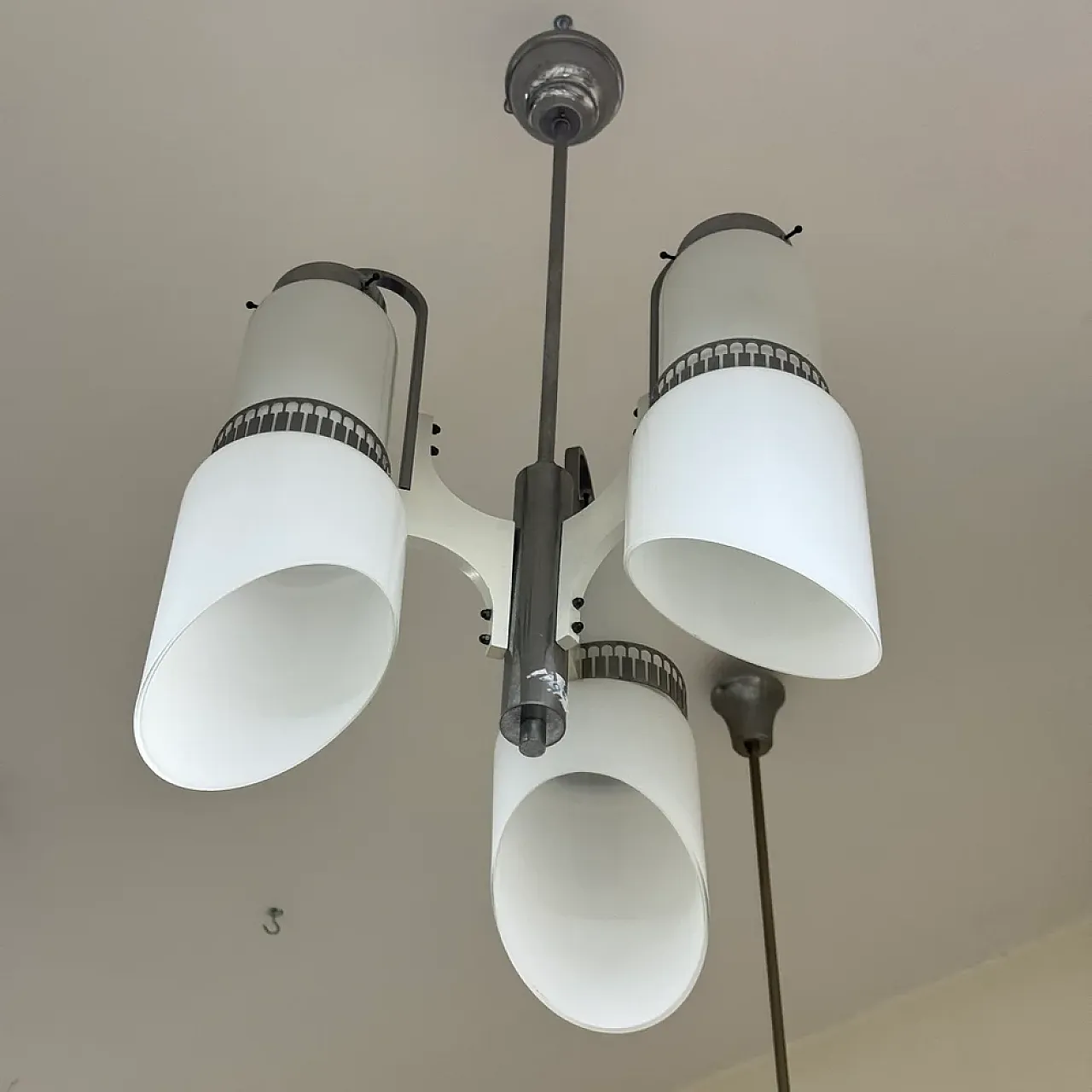 3-light glass and steel chandelier, 1970s 1