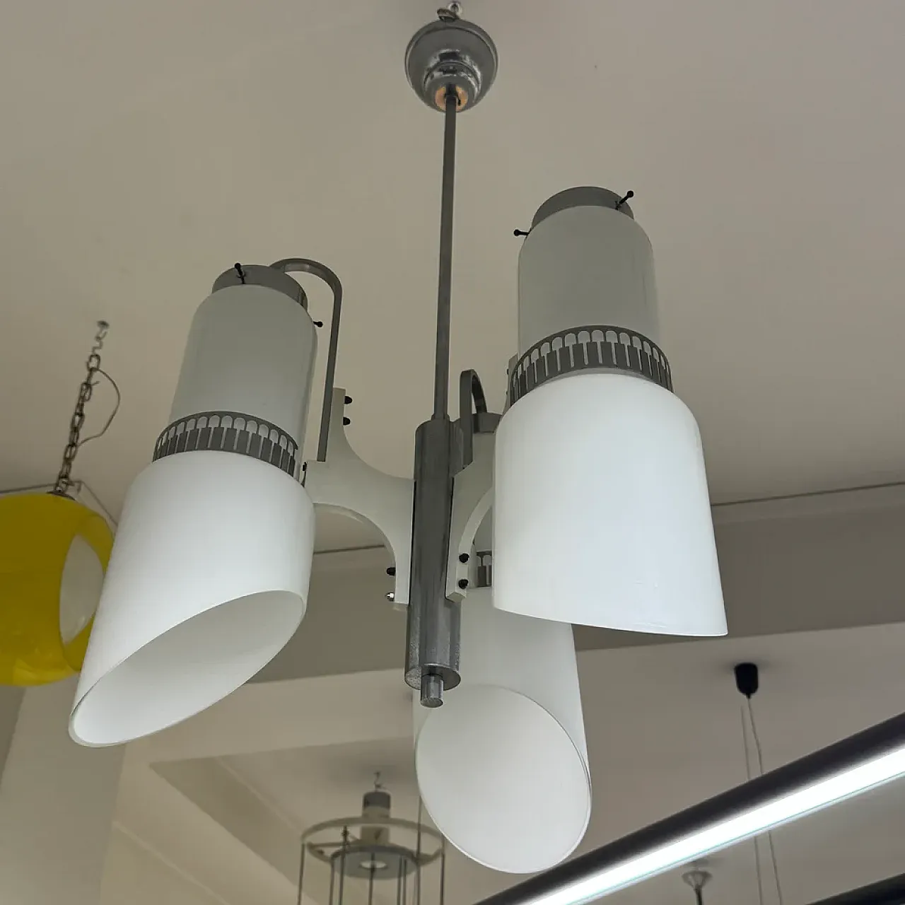 3-light glass and steel chandelier, 1970s 2