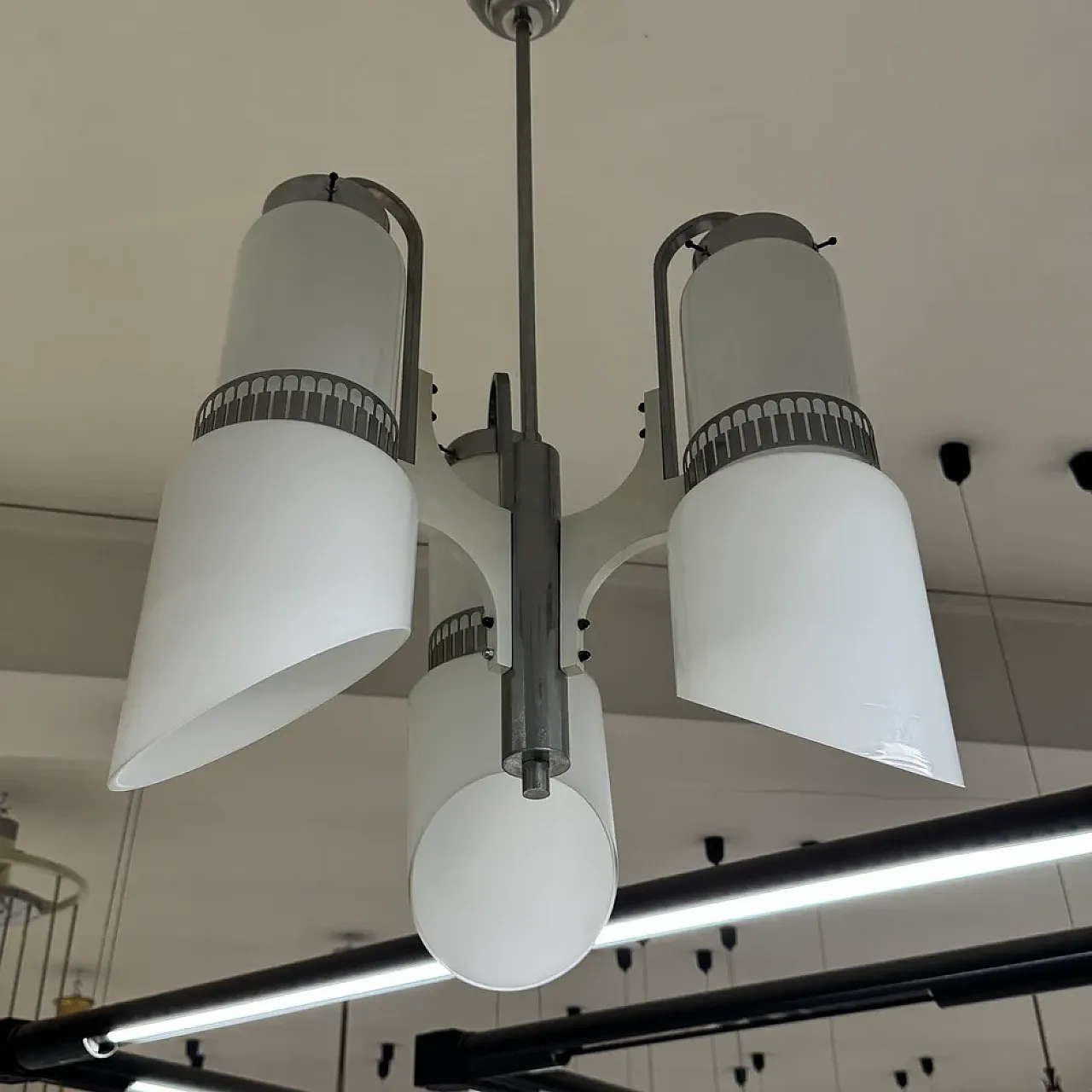 3-light glass and steel chandelier, 1970s 3