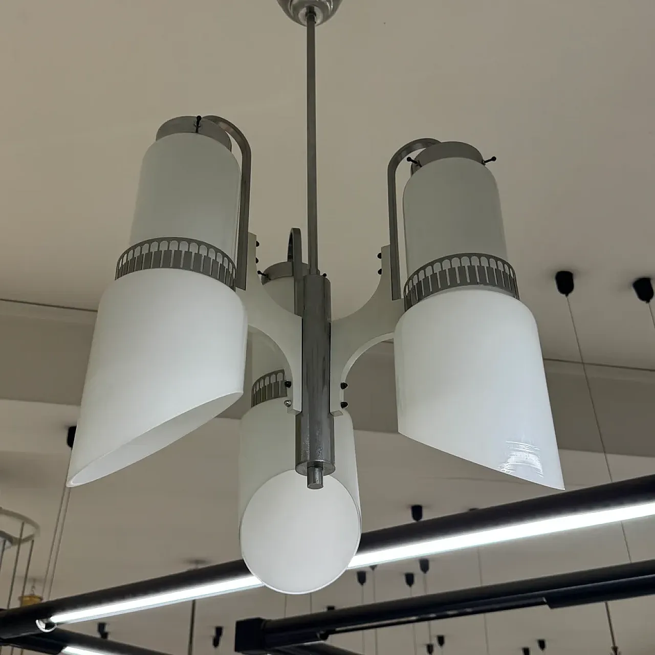 3-light glass and steel chandelier, 1970s 4