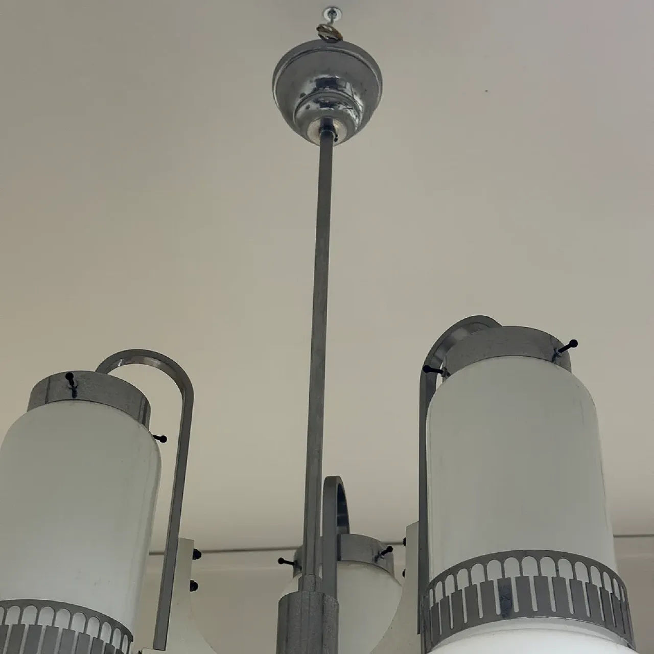 3-light glass and steel chandelier, 1970s 5