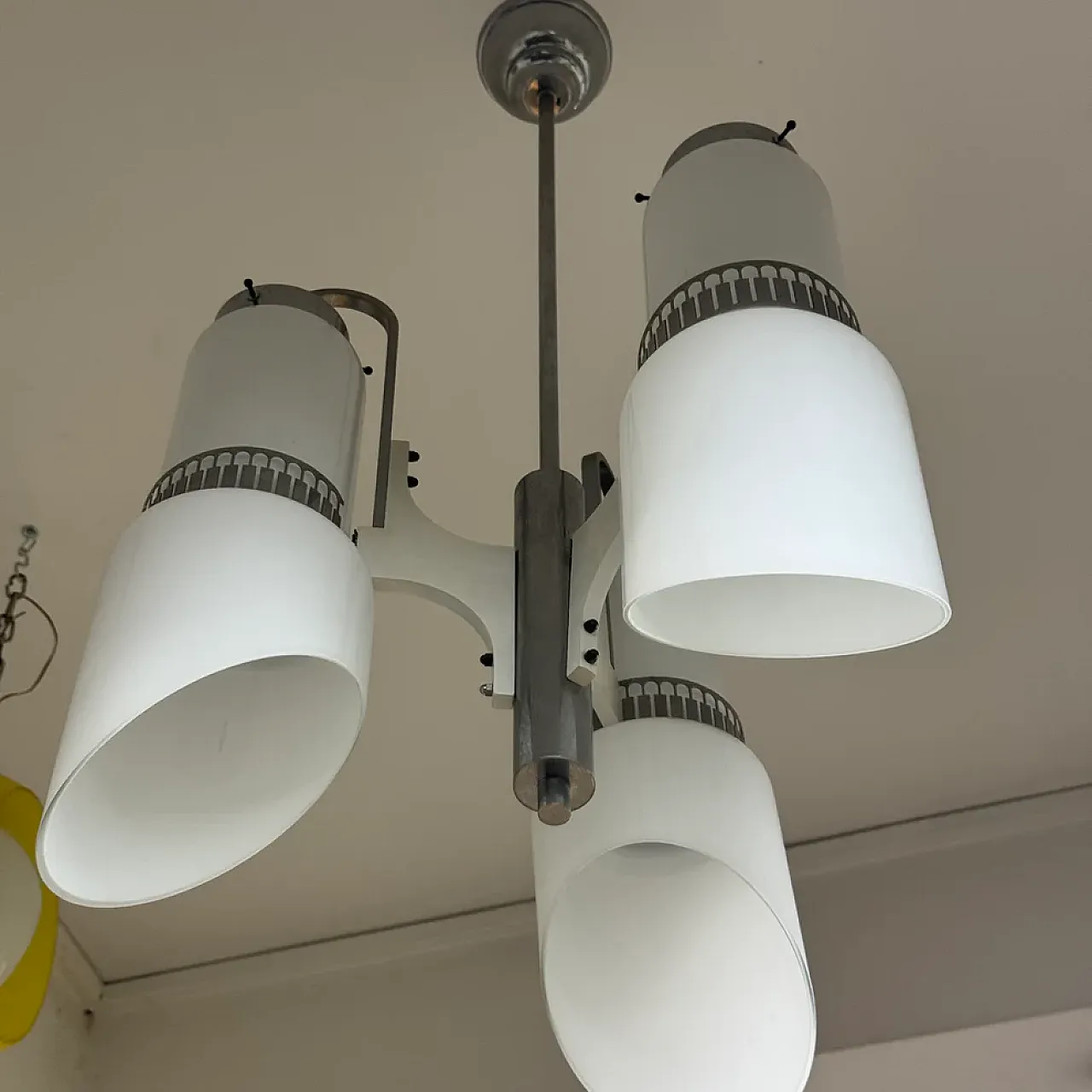 3-light glass and steel chandelier, 1970s 6