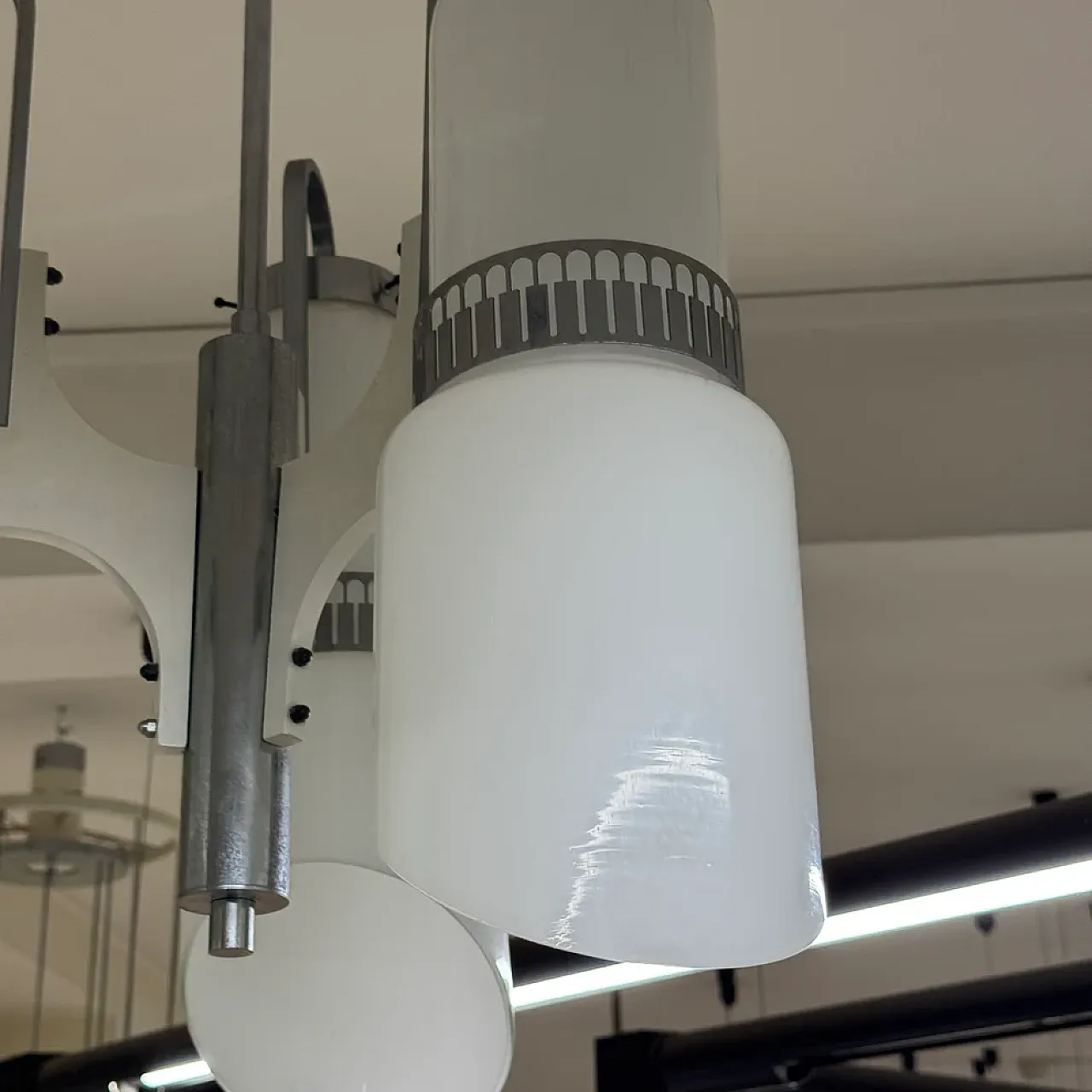 3-light glass and steel chandelier, 1970s 7