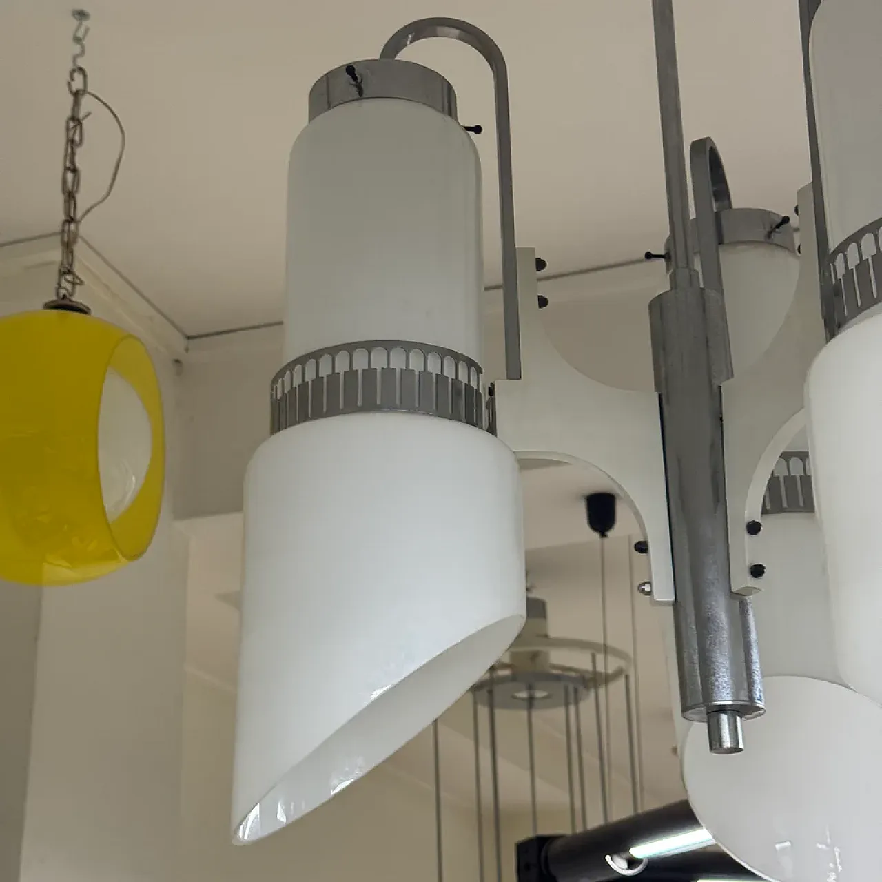 3-light glass and steel chandelier, 1970s 8