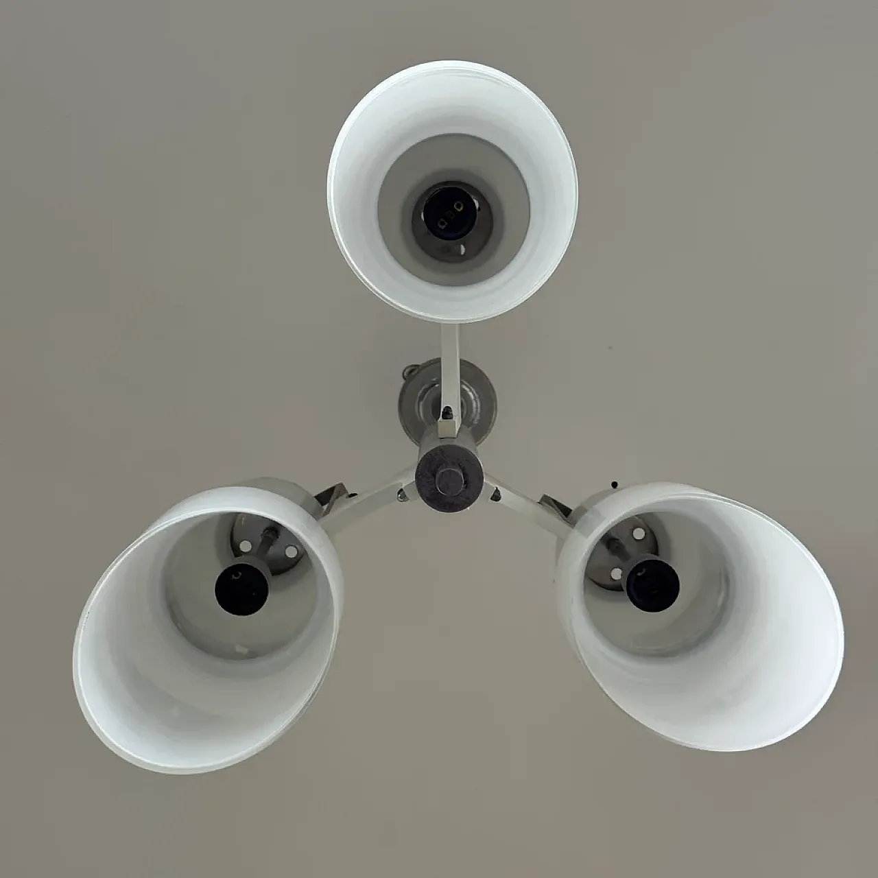 3-light glass and steel chandelier, 1970s 9