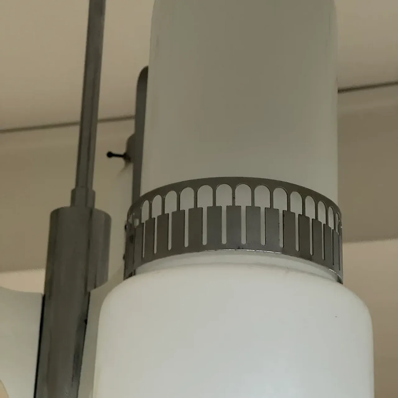 3-light glass and steel chandelier, 1970s 10