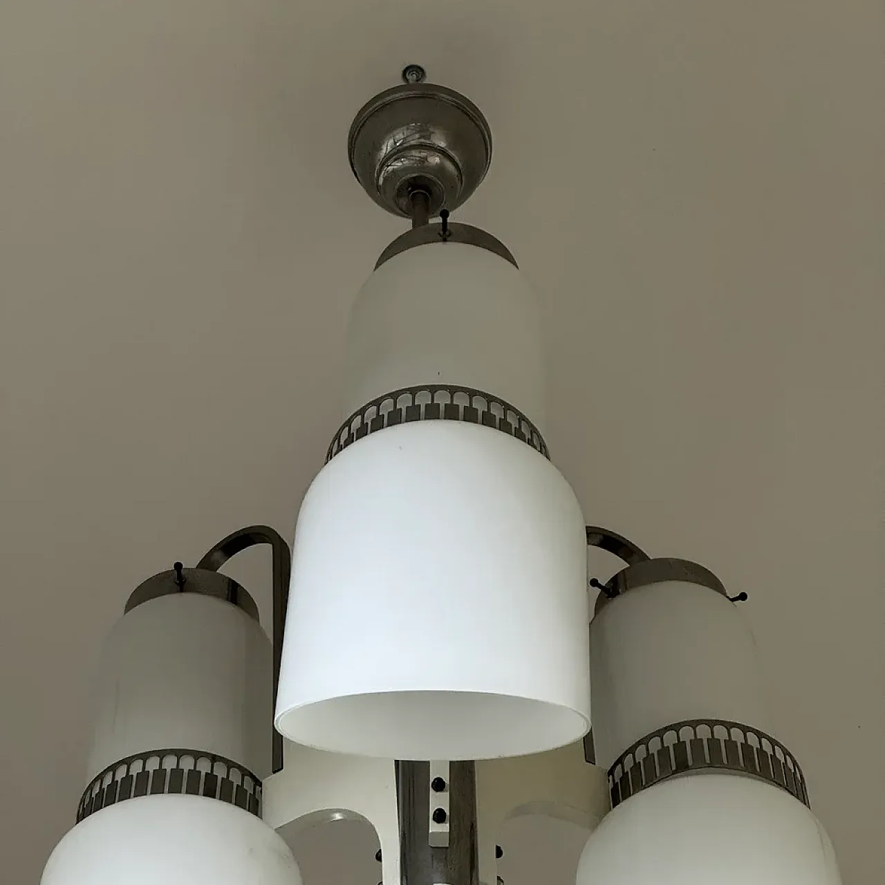 3-light glass and steel chandelier, 1970s 11