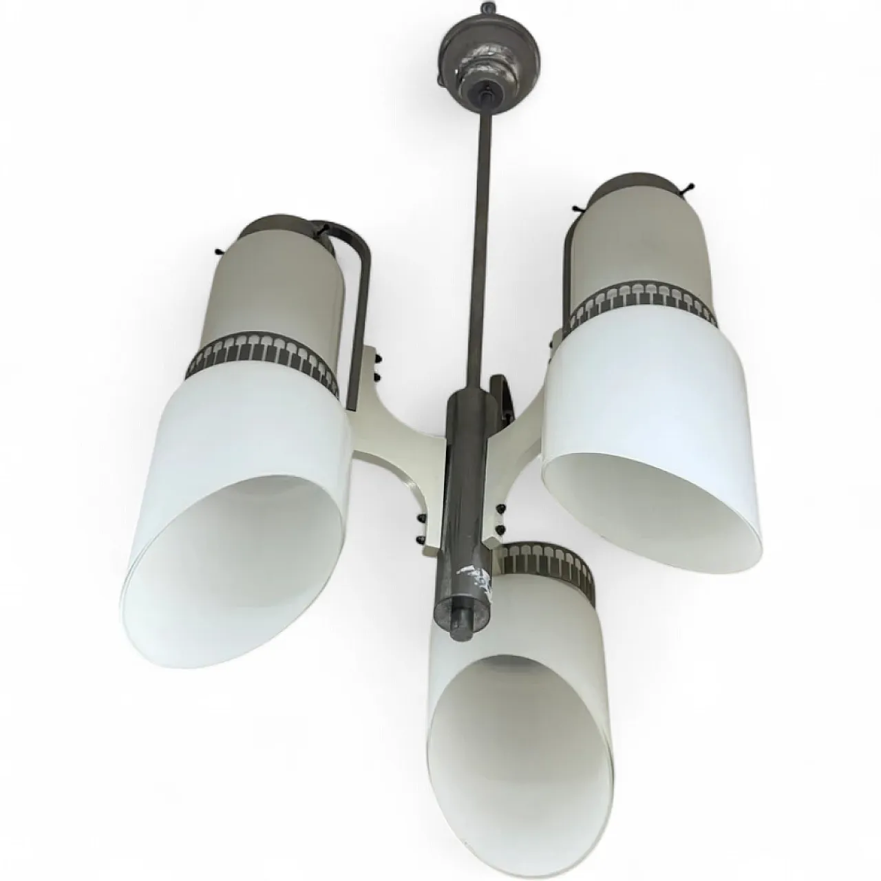 3-light glass and steel chandelier, 1970s 12