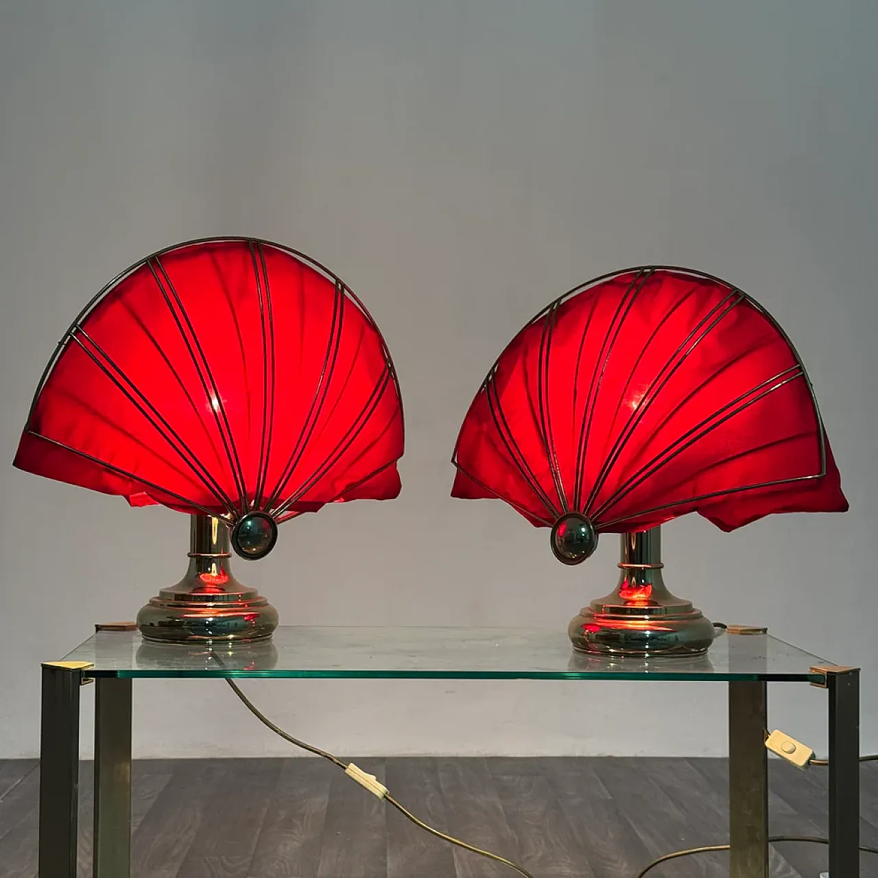 Pair of brass fan table lamps, 1970s 1