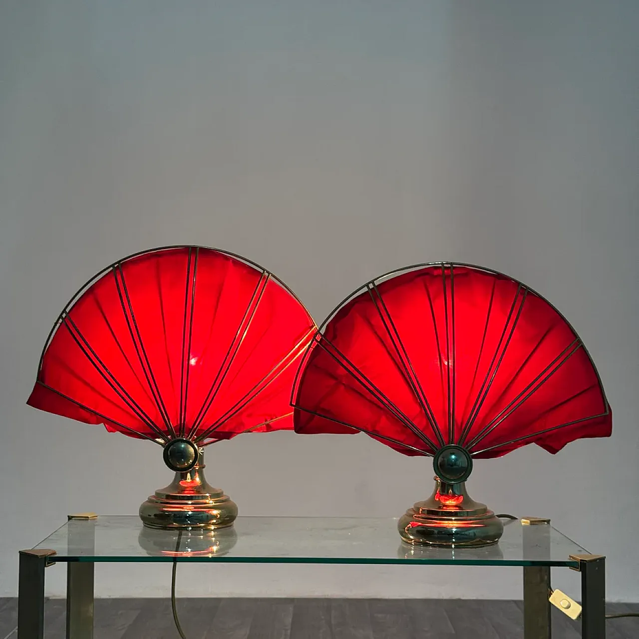 Pair of brass fan table lamps, 1970s 10