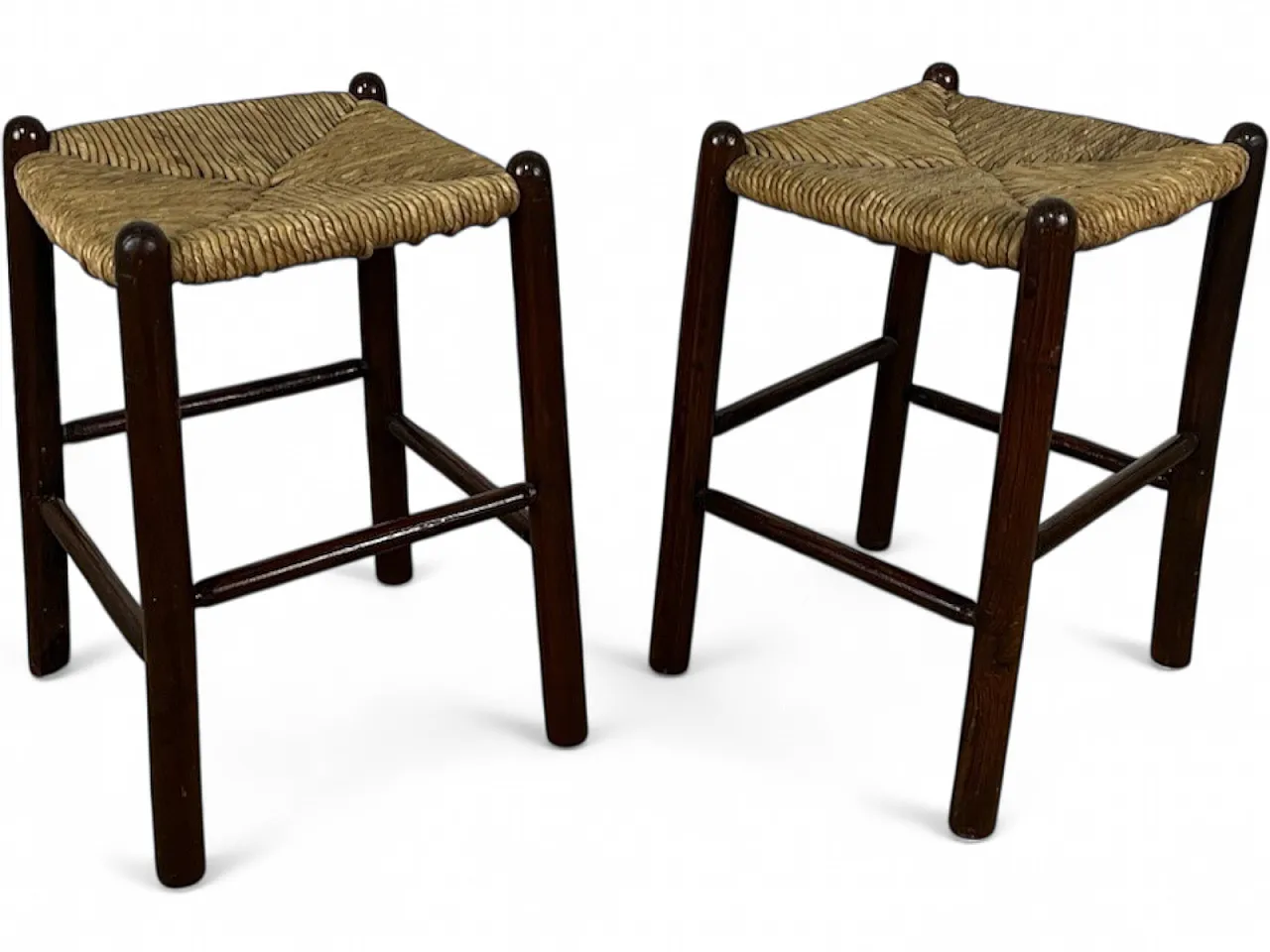 Pair of straw and cherry wood stools, 1960s 17