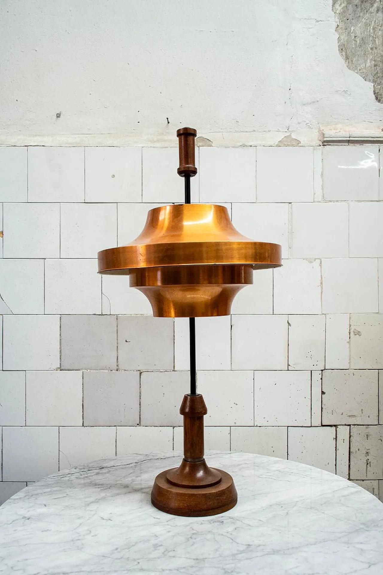 Lamp with wooden frame and copper lampshade by Stilnovo, 1950s 1