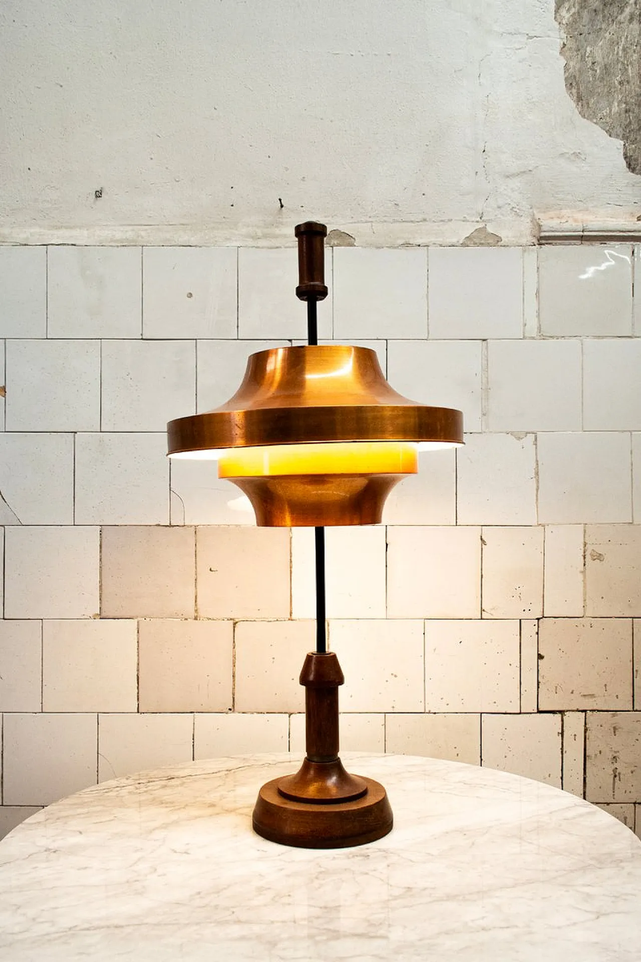 Lamp with wooden frame and copper lampshade by Stilnovo, 1950s 2