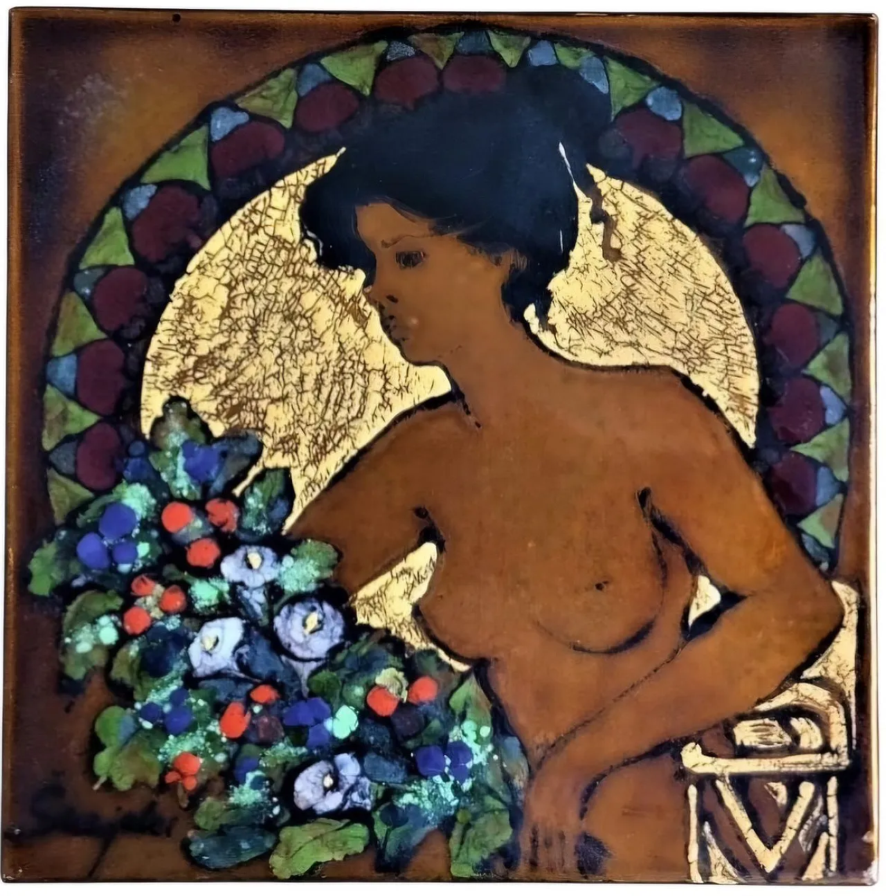 Art Nouveau/Jugendstil enamelled on metal panel, early 20th century 1