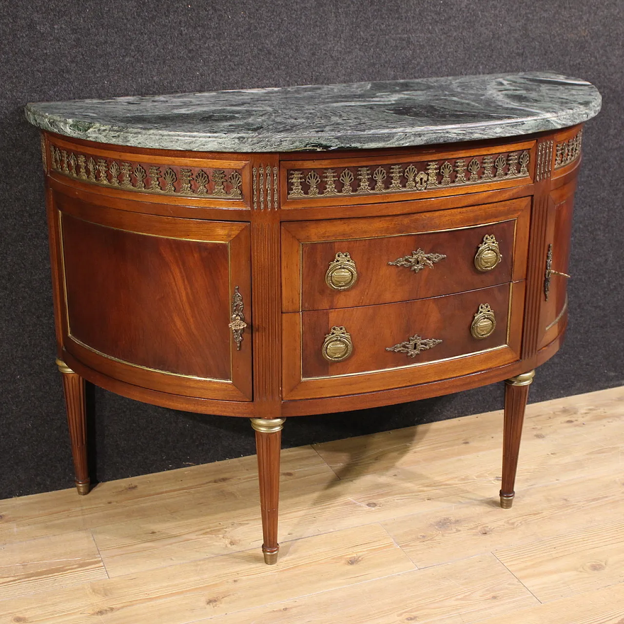 French Louis XVI style crescent dresser with marble top 1