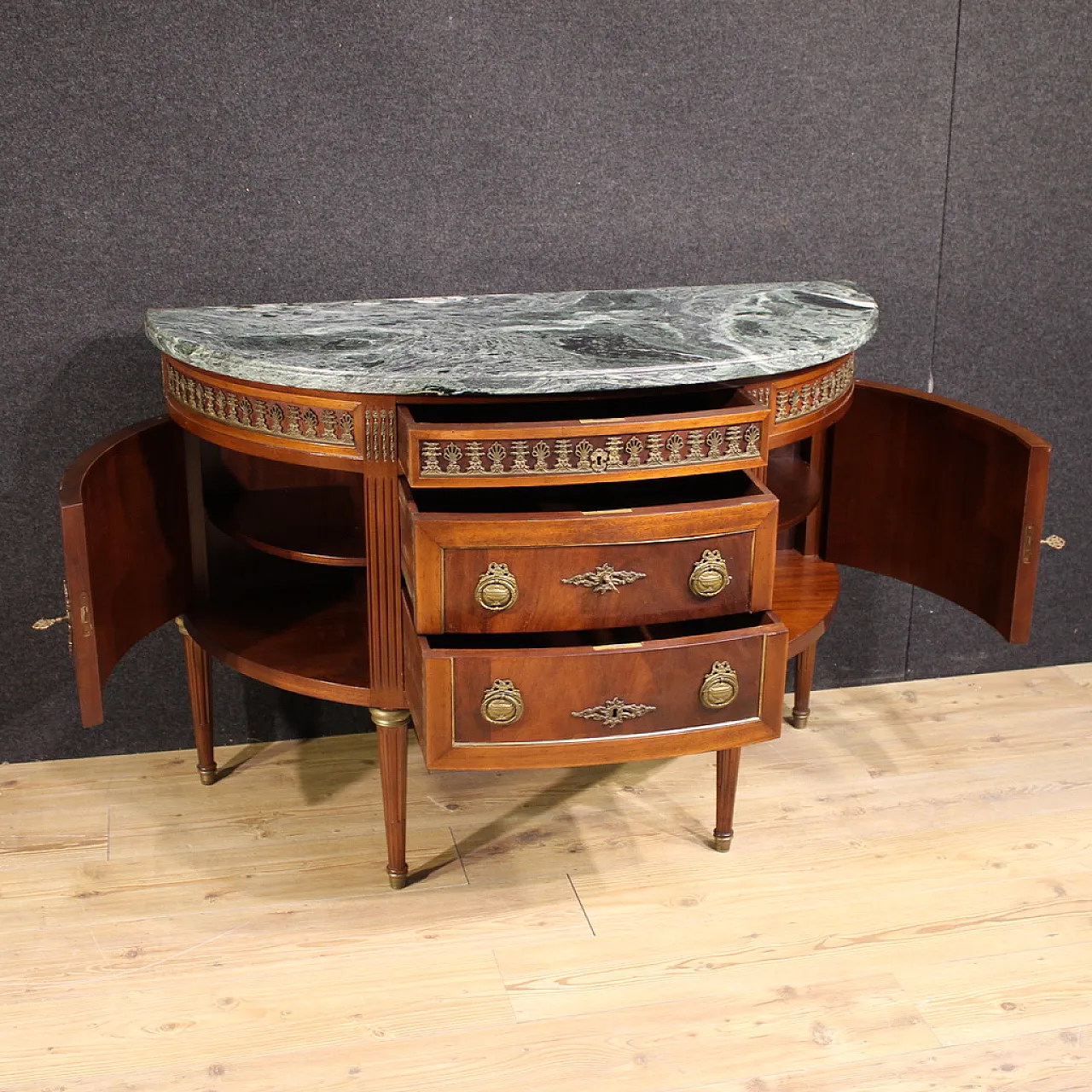 French Louis XVI style crescent dresser with marble top 3