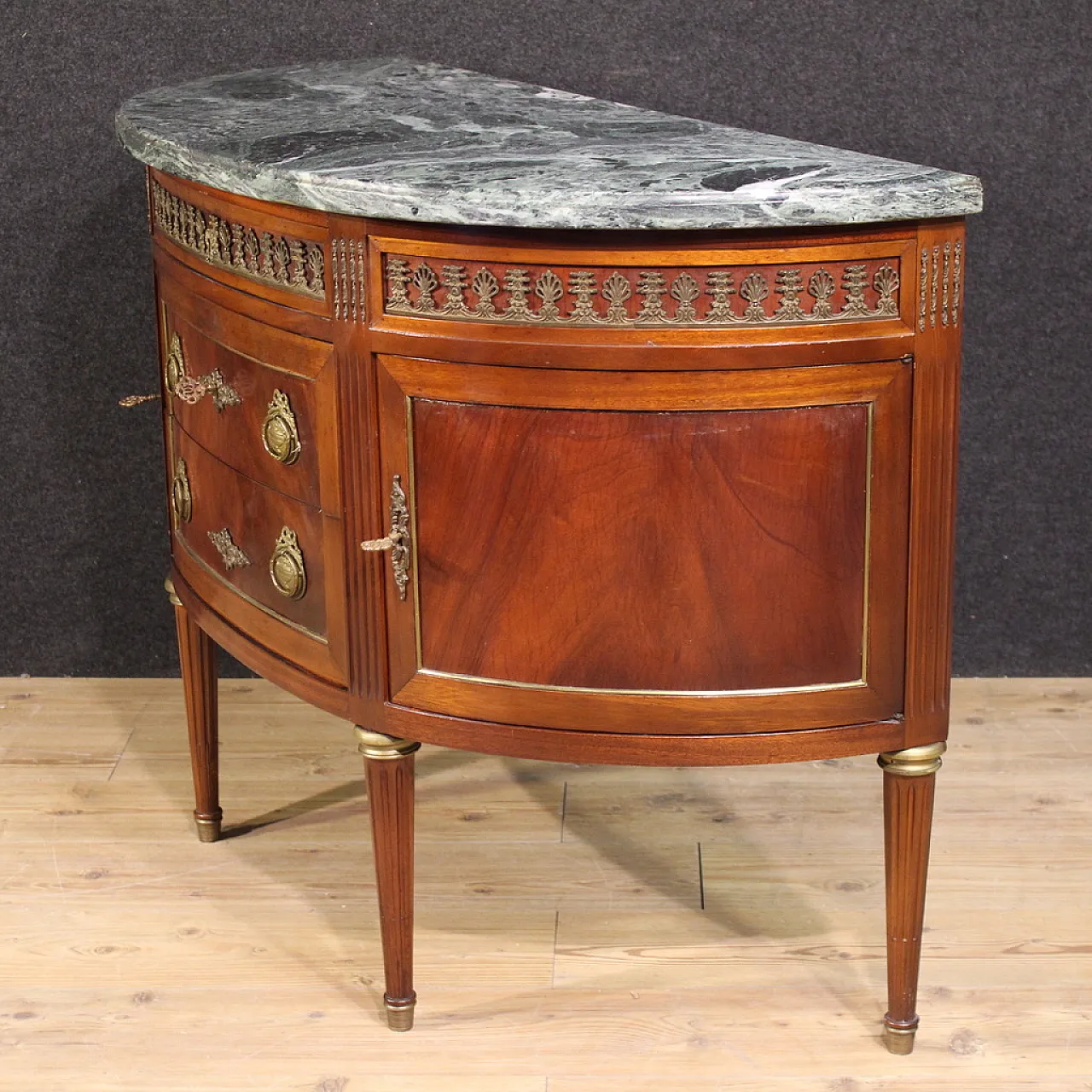 French Louis XVI style crescent dresser with marble top 5