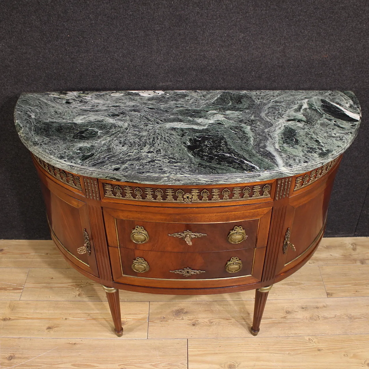 French Louis XVI style crescent dresser with marble top 9