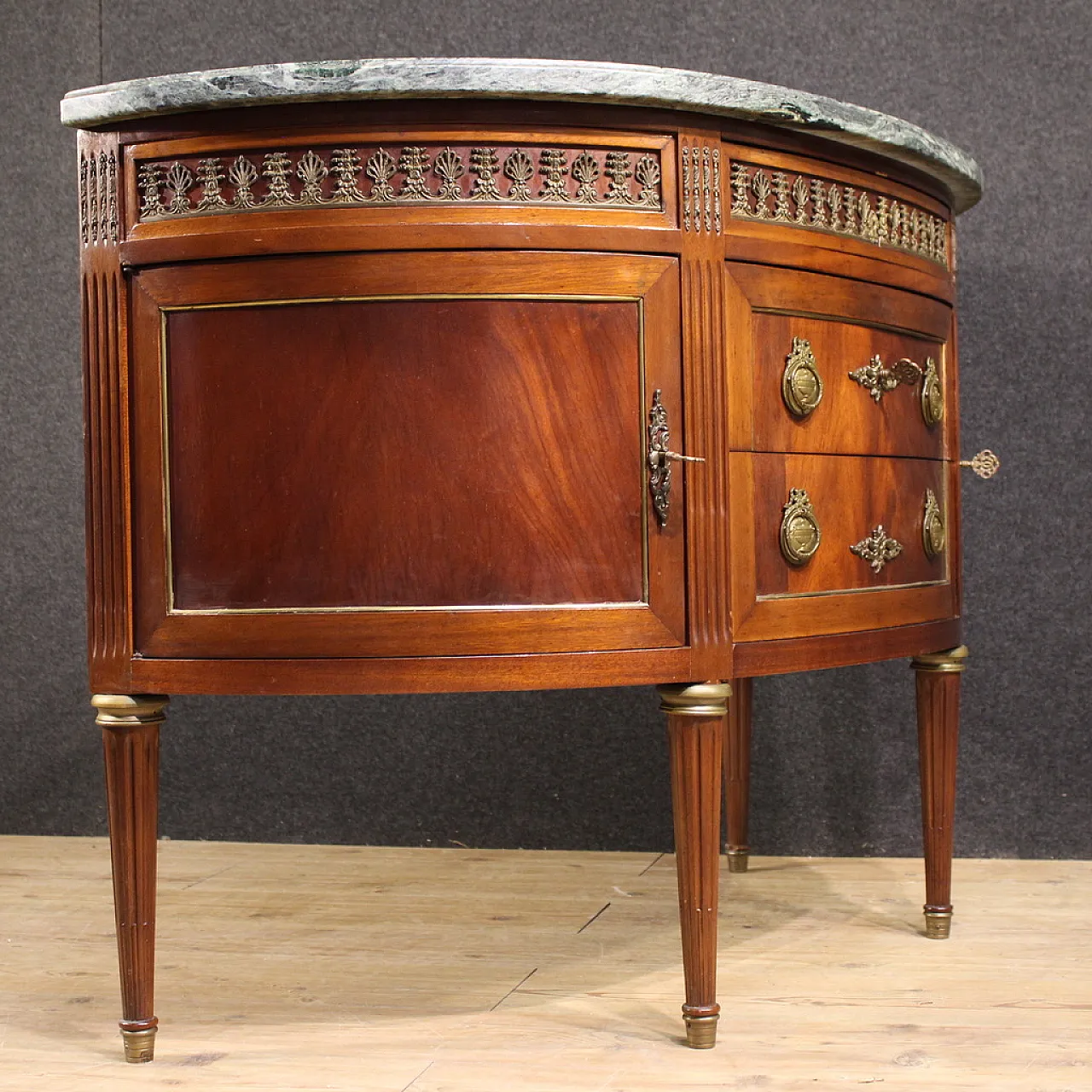 French Louis XVI style crescent dresser with marble top 10