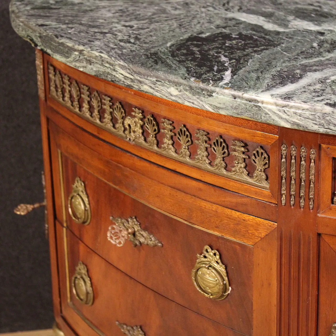 French Louis XVI style crescent dresser with marble top 11