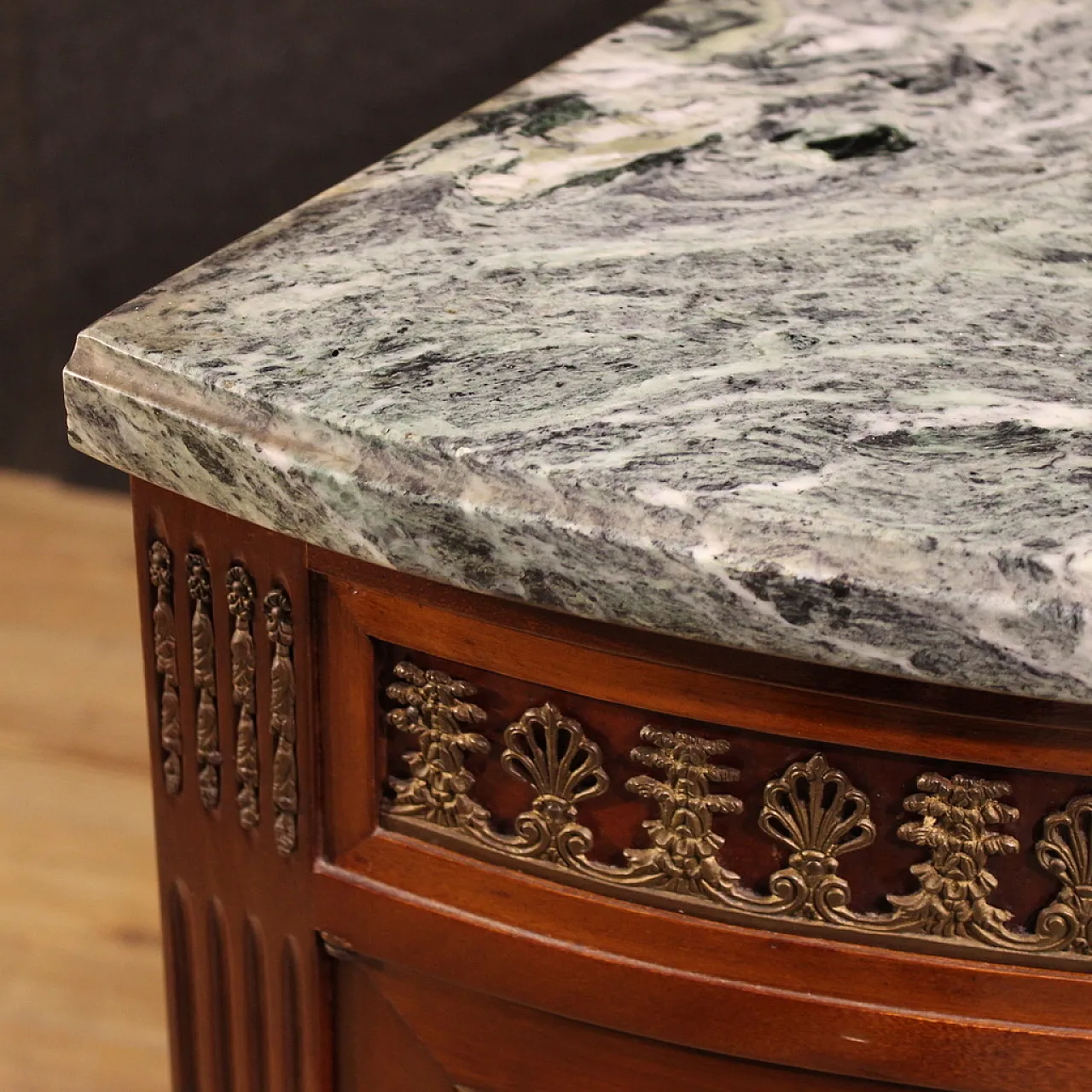 French Louis XVI style crescent dresser with marble top 13