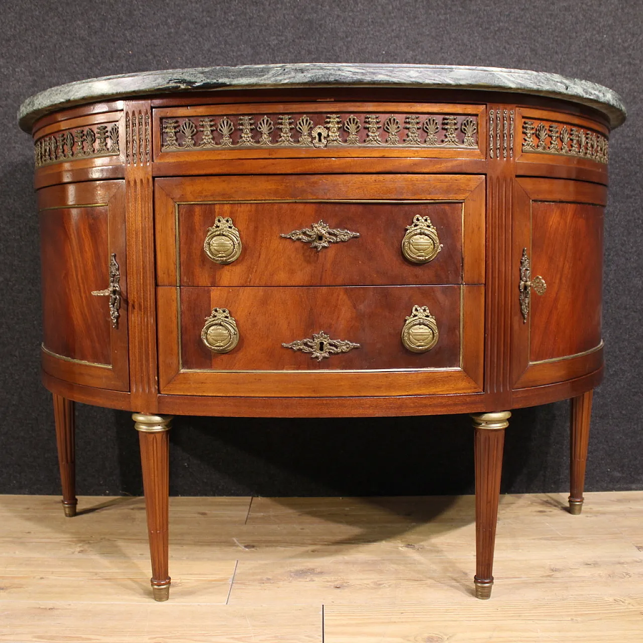 French Louis XVI style crescent dresser with marble top 14