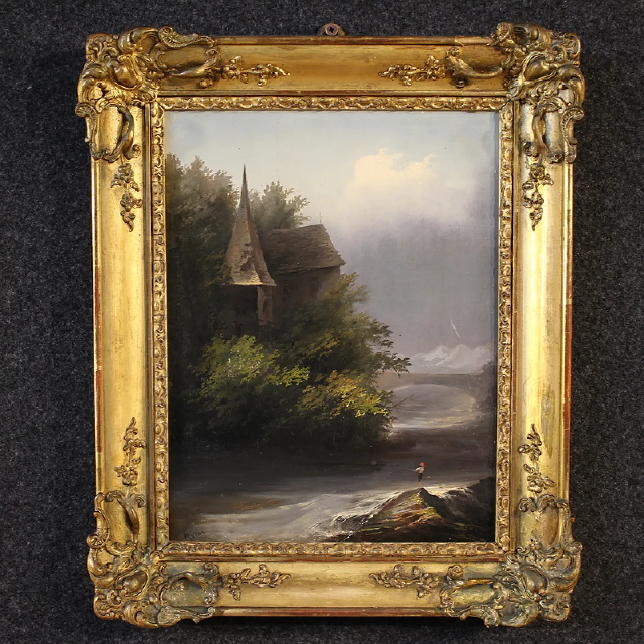 19th century painting signed Peyron, romantic landscape with fish 1