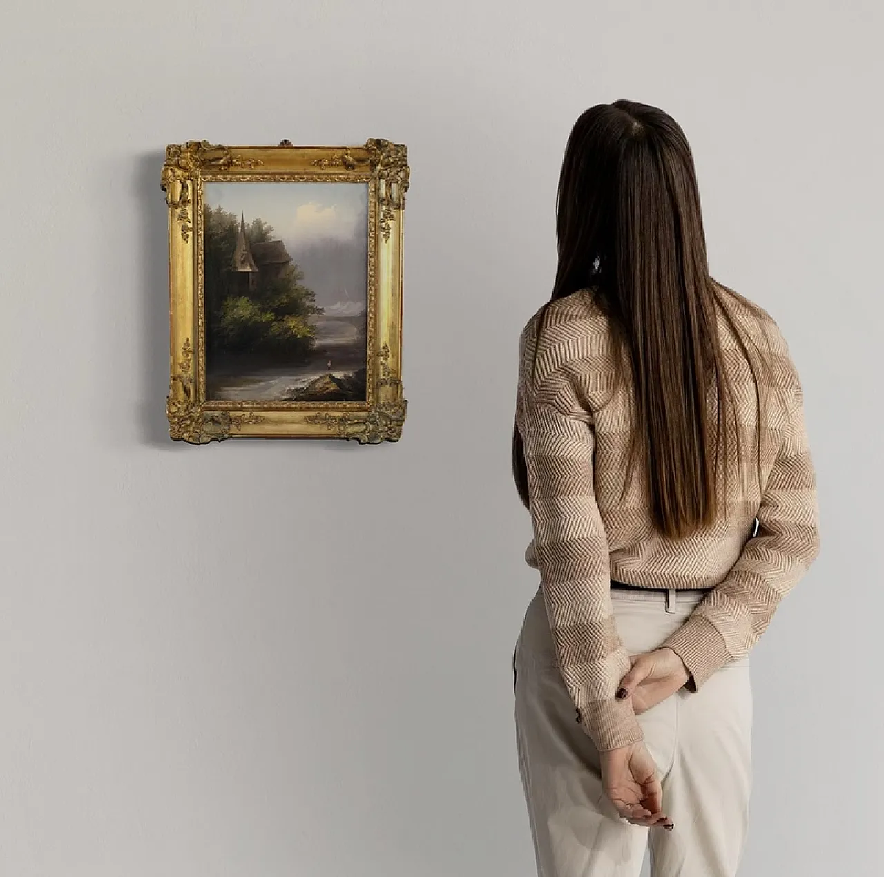 19th century painting signed Peyron, romantic landscape with fish 2