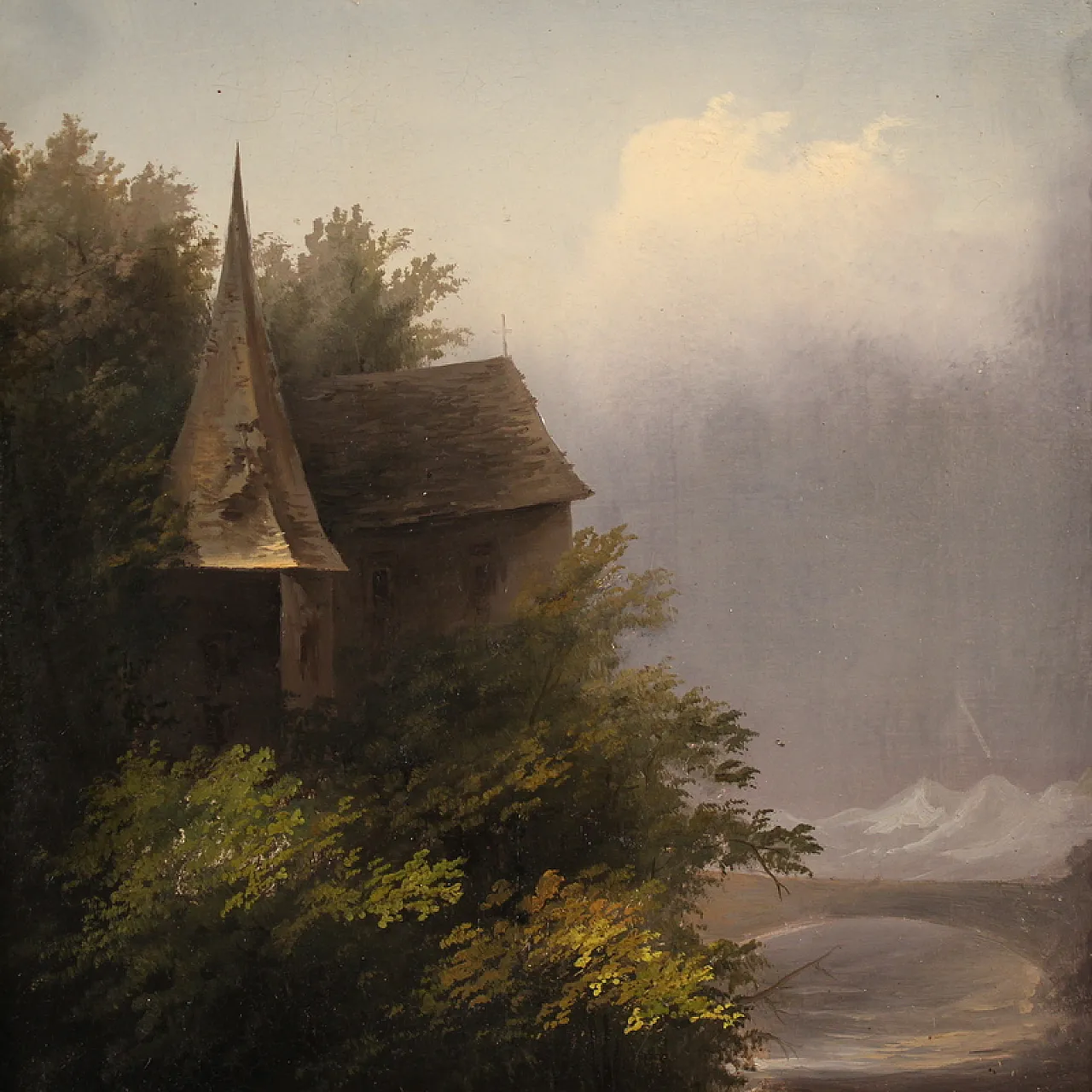 19th century painting signed Peyron, romantic landscape with fish 4