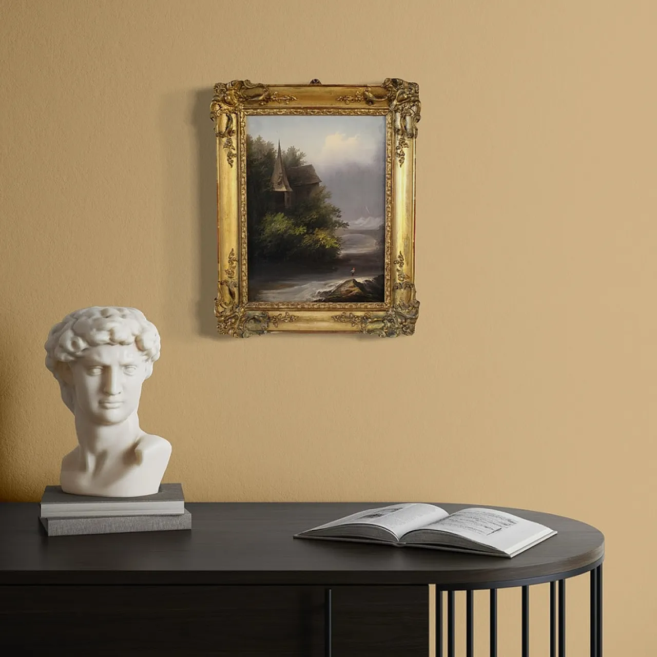 19th century painting signed Peyron, romantic landscape with fish 5