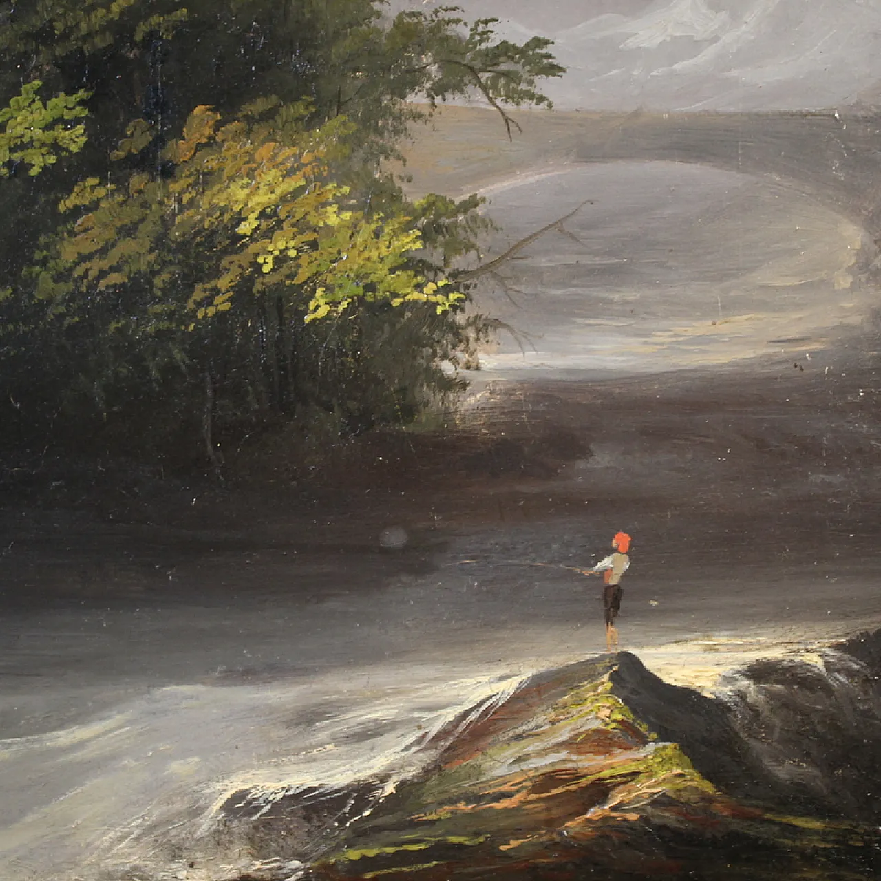 19th century painting signed Peyron, romantic landscape with fish 10