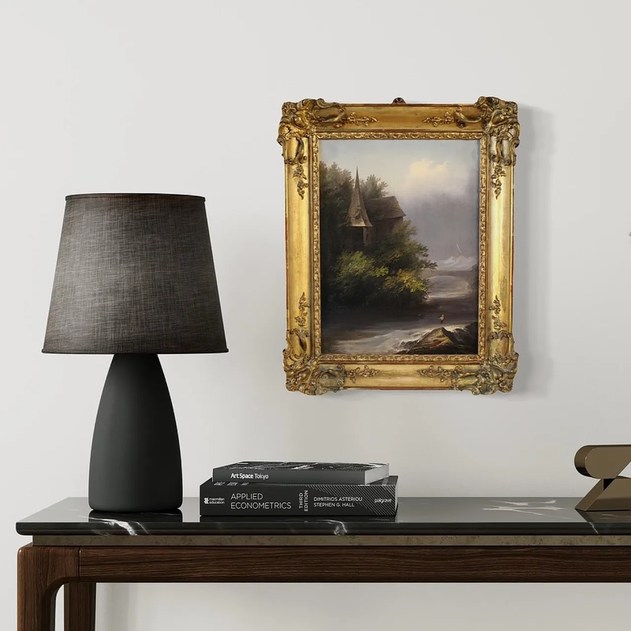 19th century painting signed Peyron, romantic landscape with fish 12