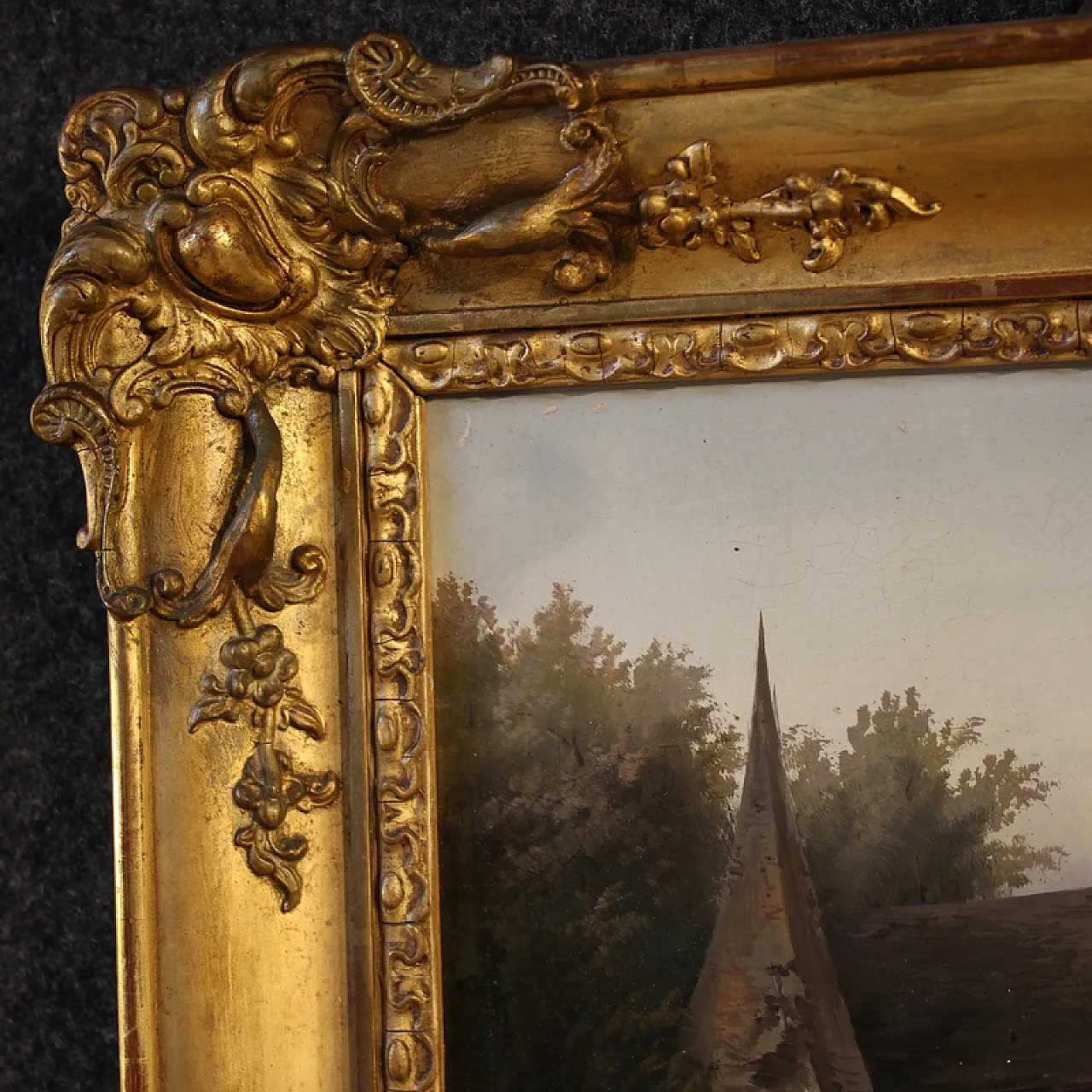 19th century painting signed Peyron, romantic landscape with fish 13