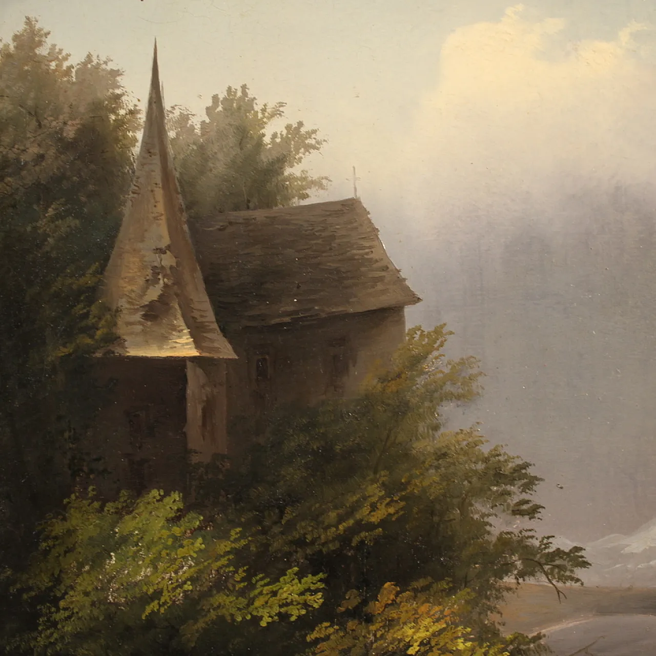 19th century painting signed Peyron, romantic landscape with fish 14