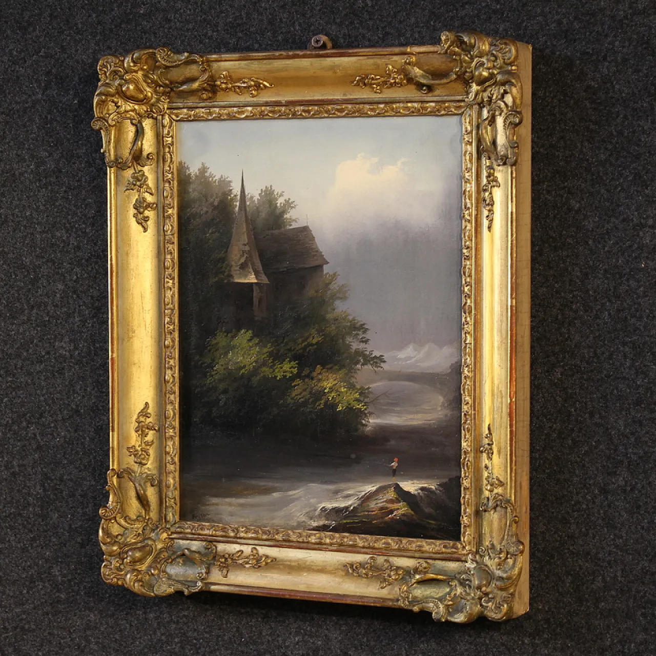 19th century painting signed Peyron, romantic landscape with fish 16