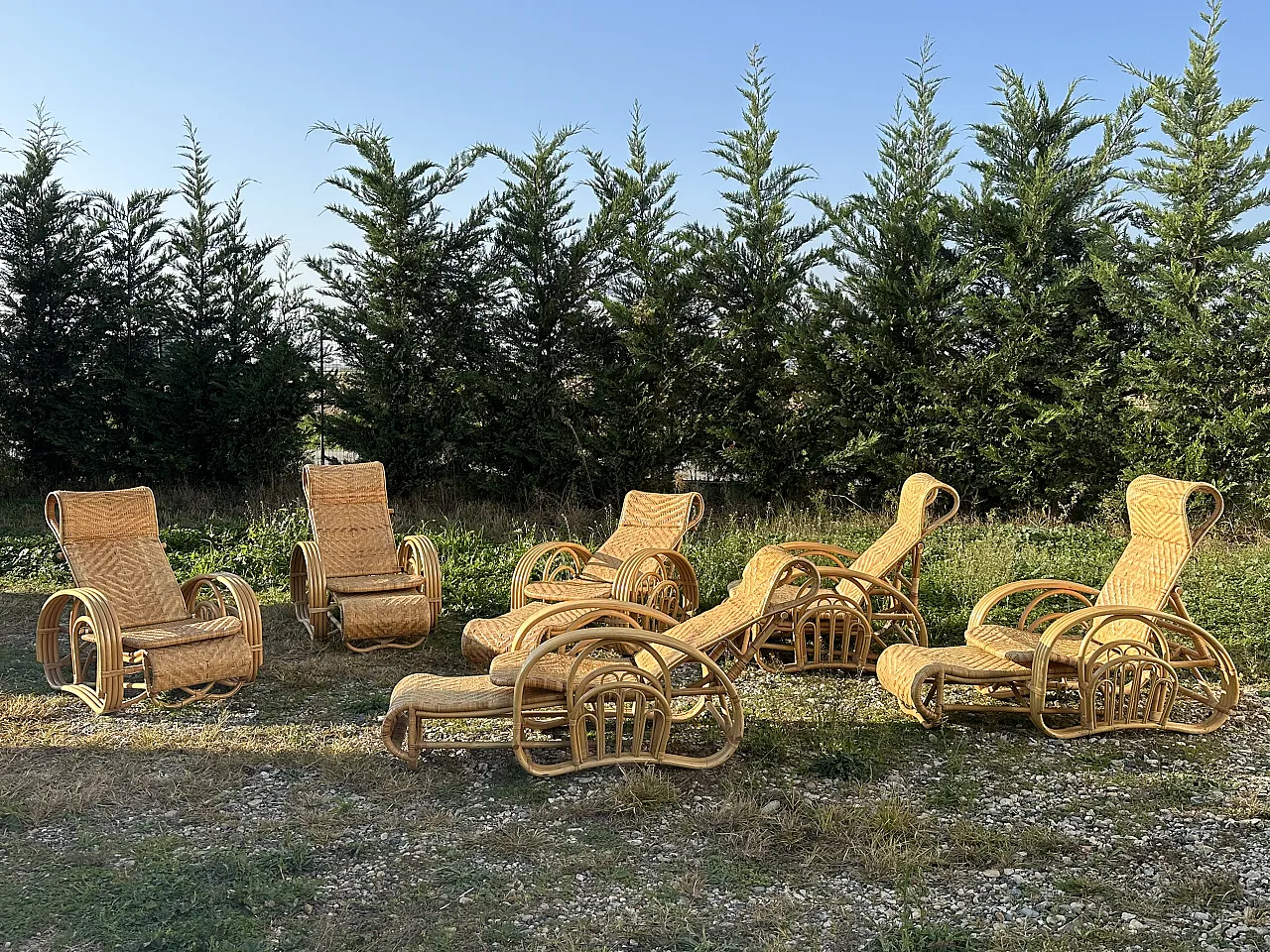 Pair of retractible Lounge Chaises in Bamboo, 1980s 31