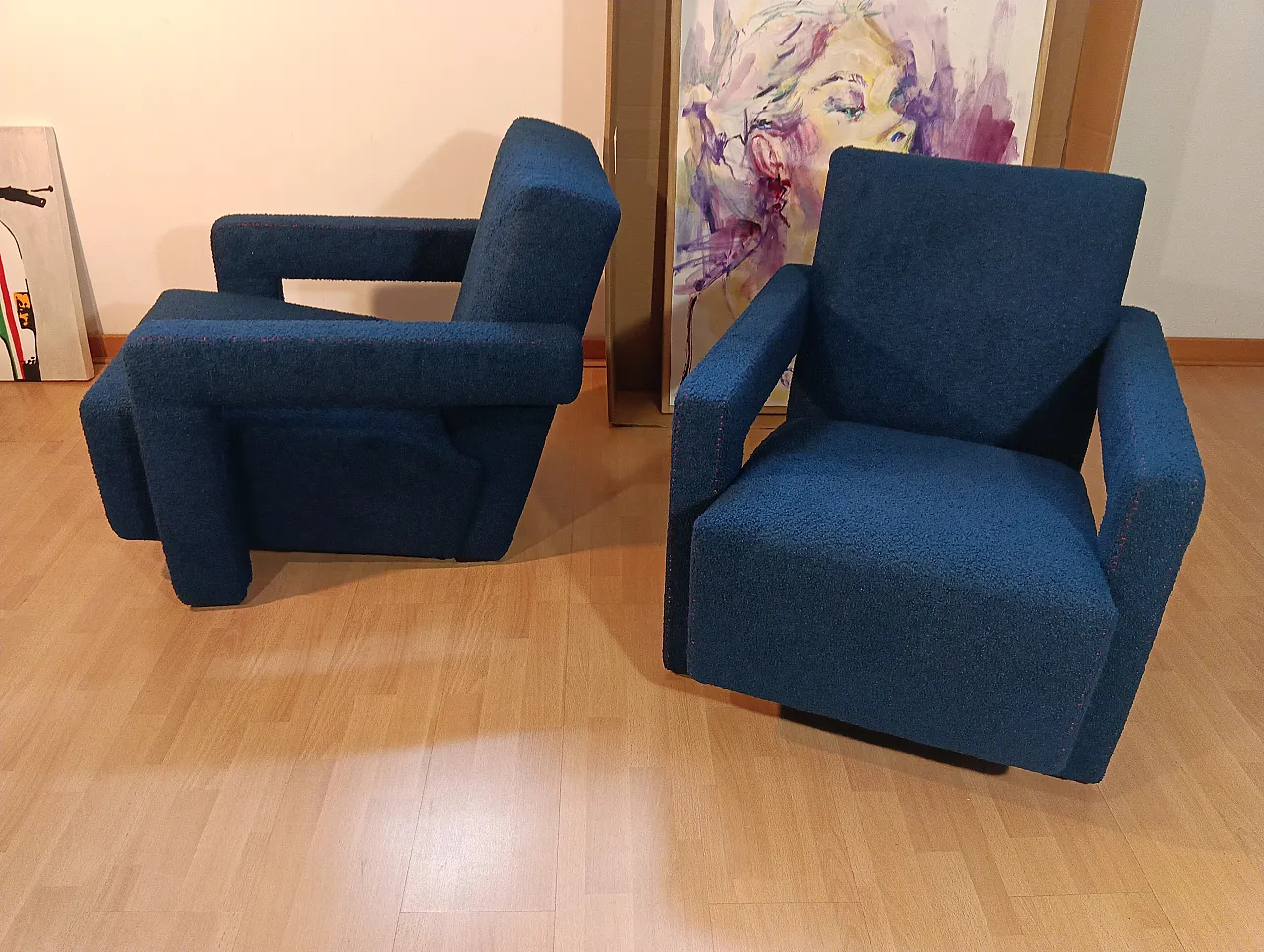 Coppia di Utrecht 637 Cassina in bouclé blu cuciture in rosso, 2000 4