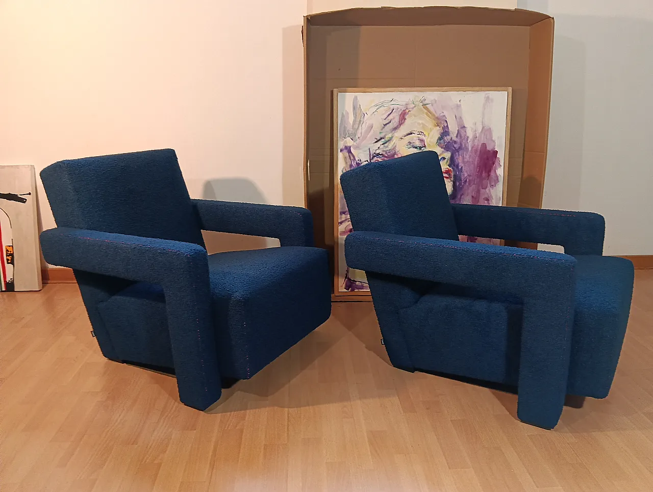 Coppia di Utrecht 637 Cassina in bouclé blu cuciture in rosso, 2000 7